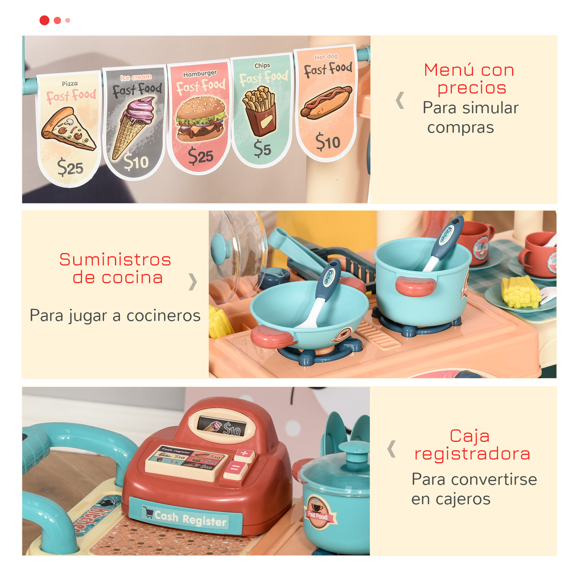 Puesto de comida de juguete con pizza, helado, hamburguesas, papas fritas y perritos calientes, más set de cocina.