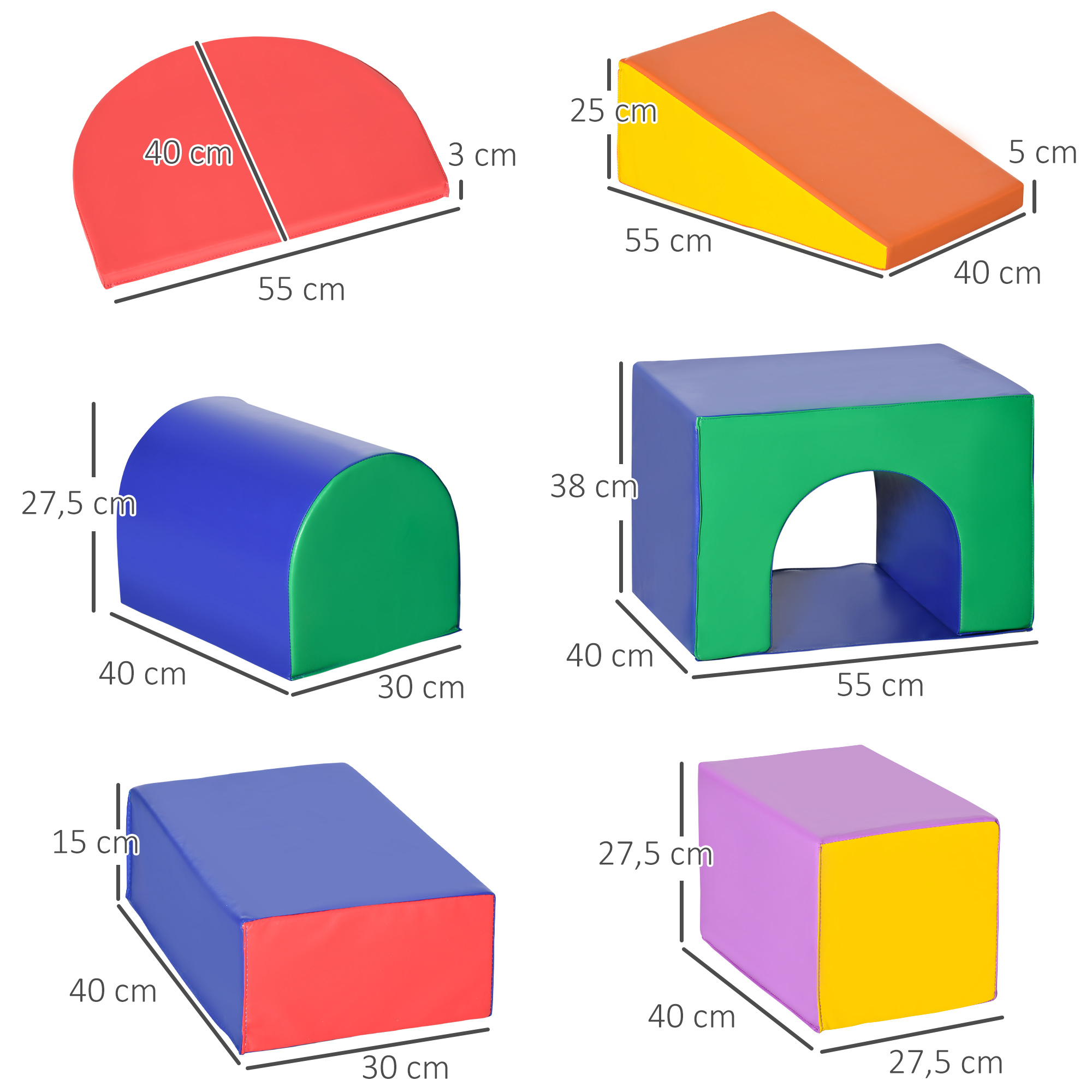 Seis formas de espuma coloridas para jugar, incluyendo un semicírculo, una rampa y un cubo con túnel.