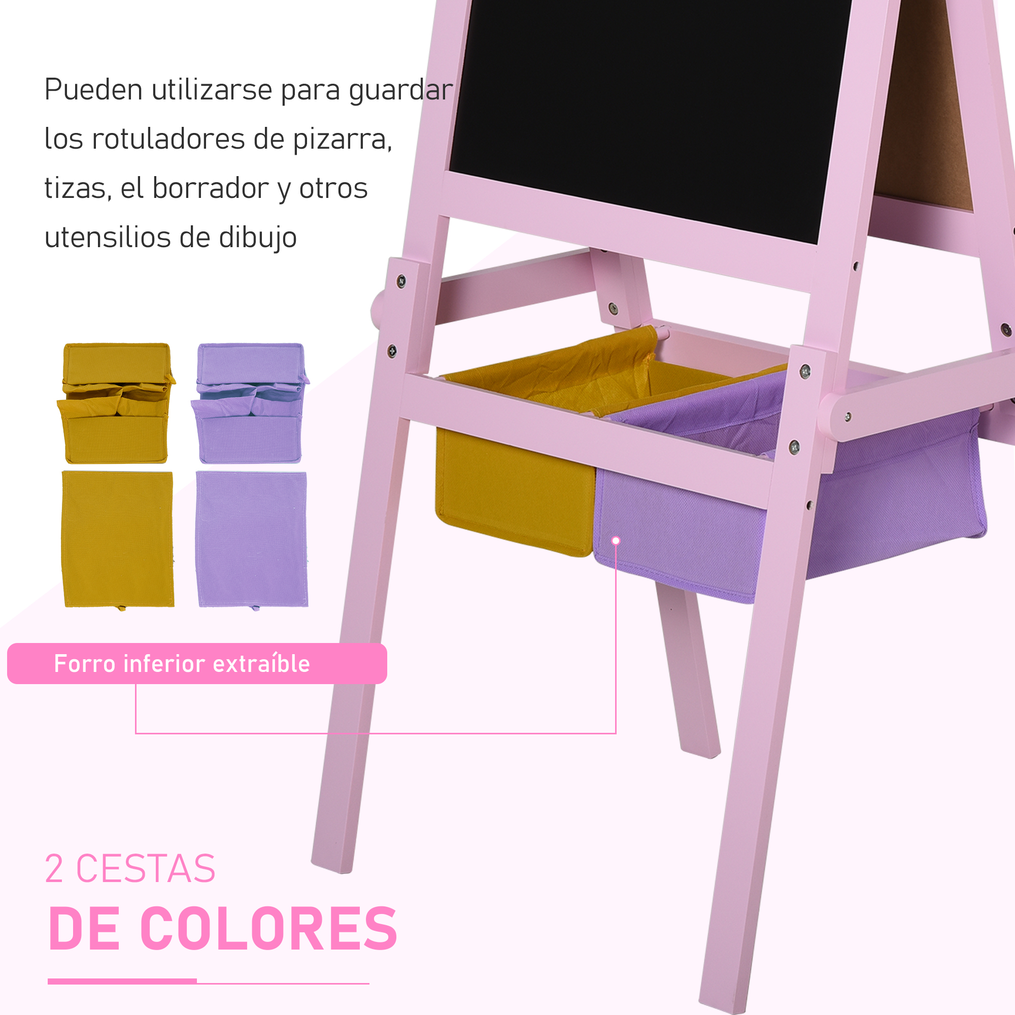 Un caballete rosa para niños con contenedores de almacenamiento de tela coloridos.