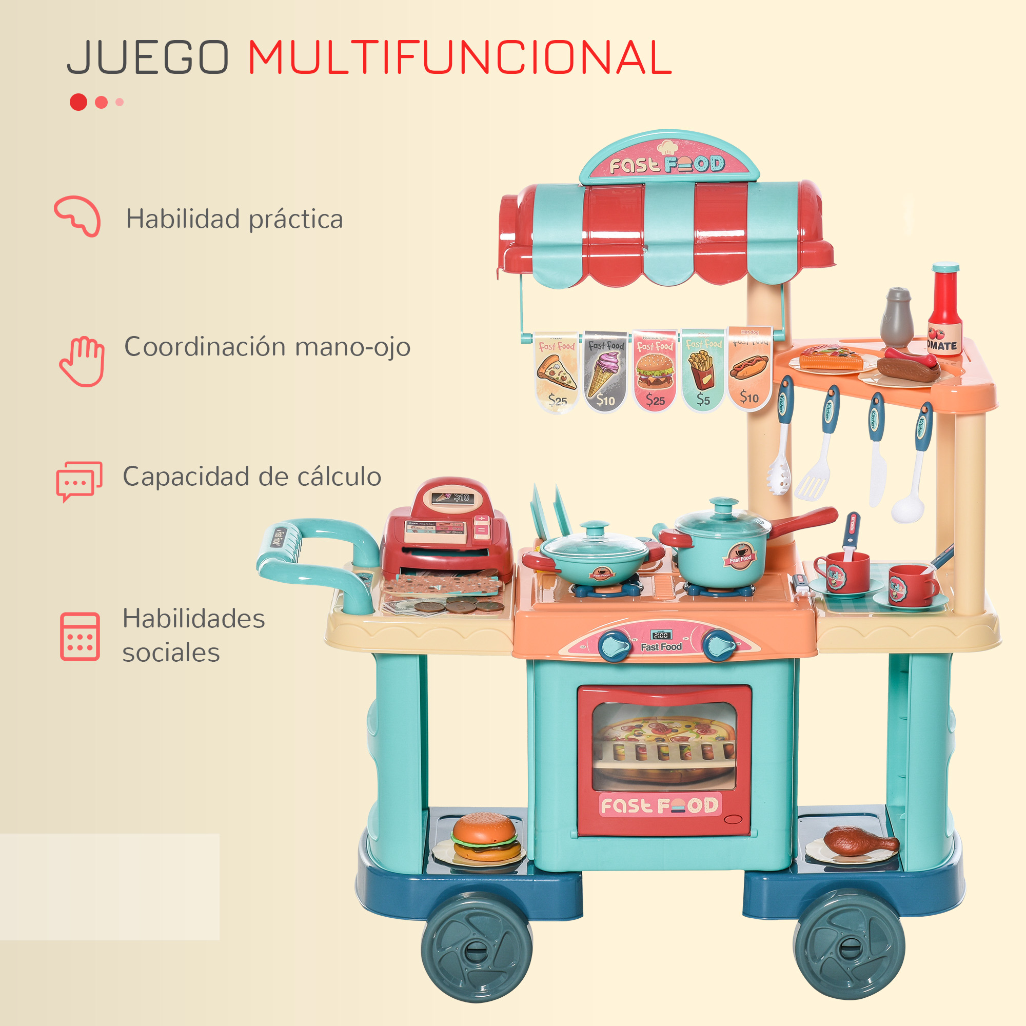 Un puesto de comida rápida de juguete colorido con comida y accesorios, y texto sobre características.