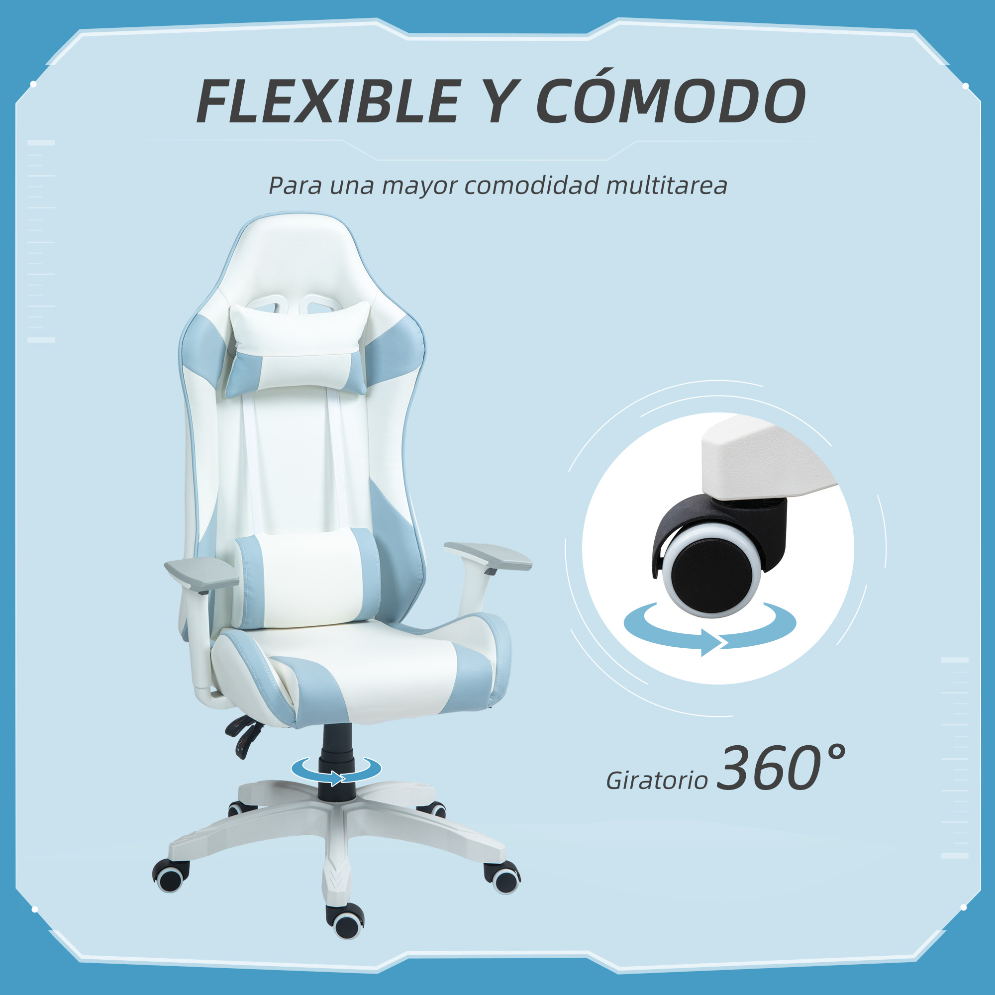 Una silla gamer, blanca y azul, con reposacabezas, reposabrazos y ruedas. La silla está sobre un fondo blanco.