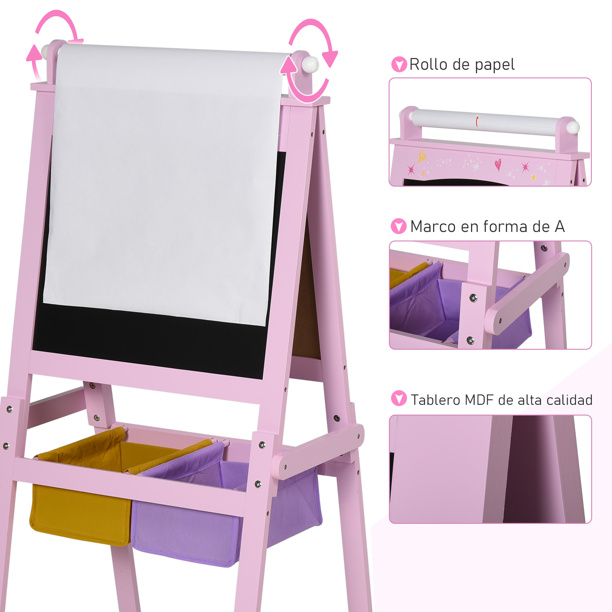 Caballete de madera rosa con un rollo de papel blanco, una pizarra y dos cubos de almacenamiento.