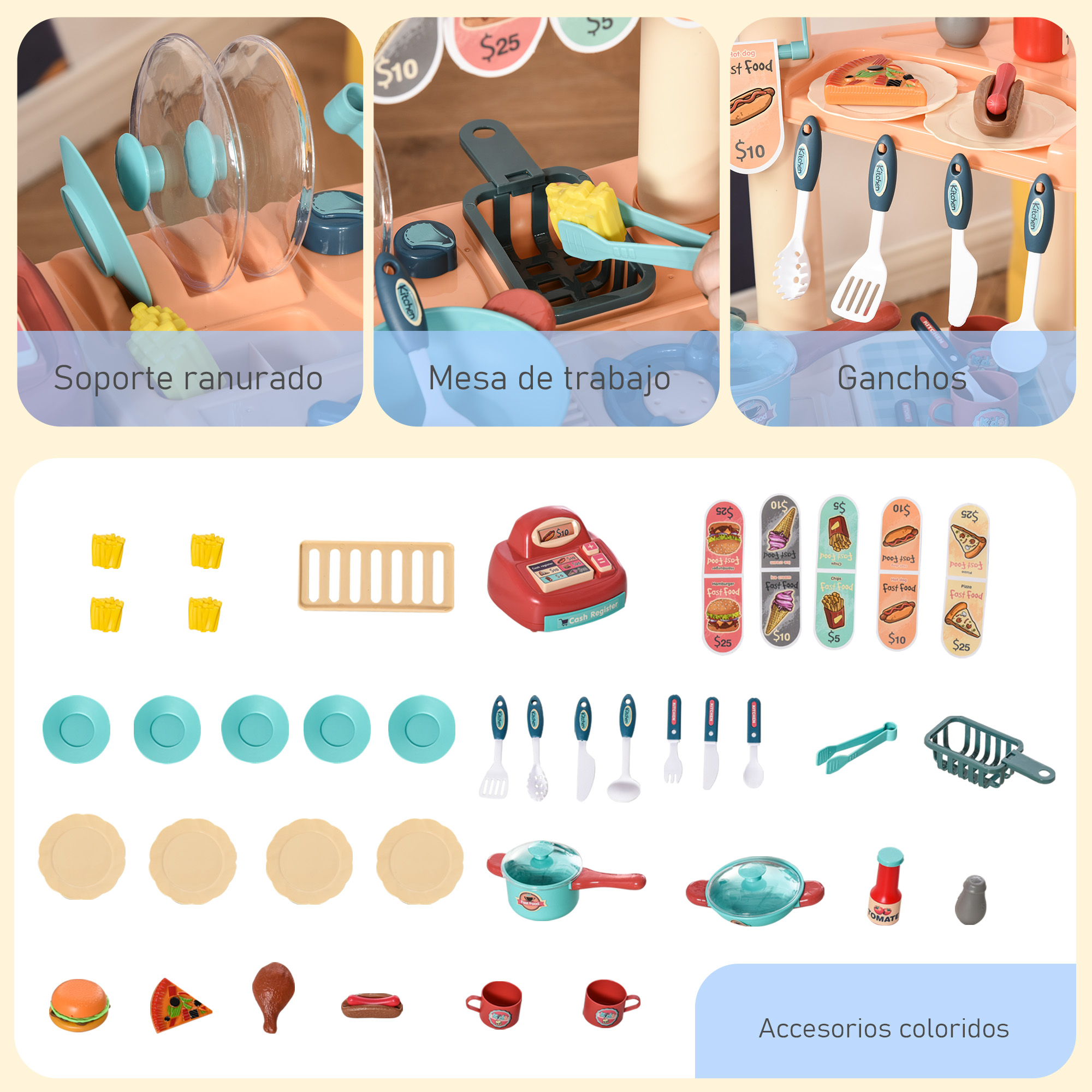 Juego de cocina de juguete con accesorios. Incluye platos, utensilios, alimentos de juguete y caja registradora.