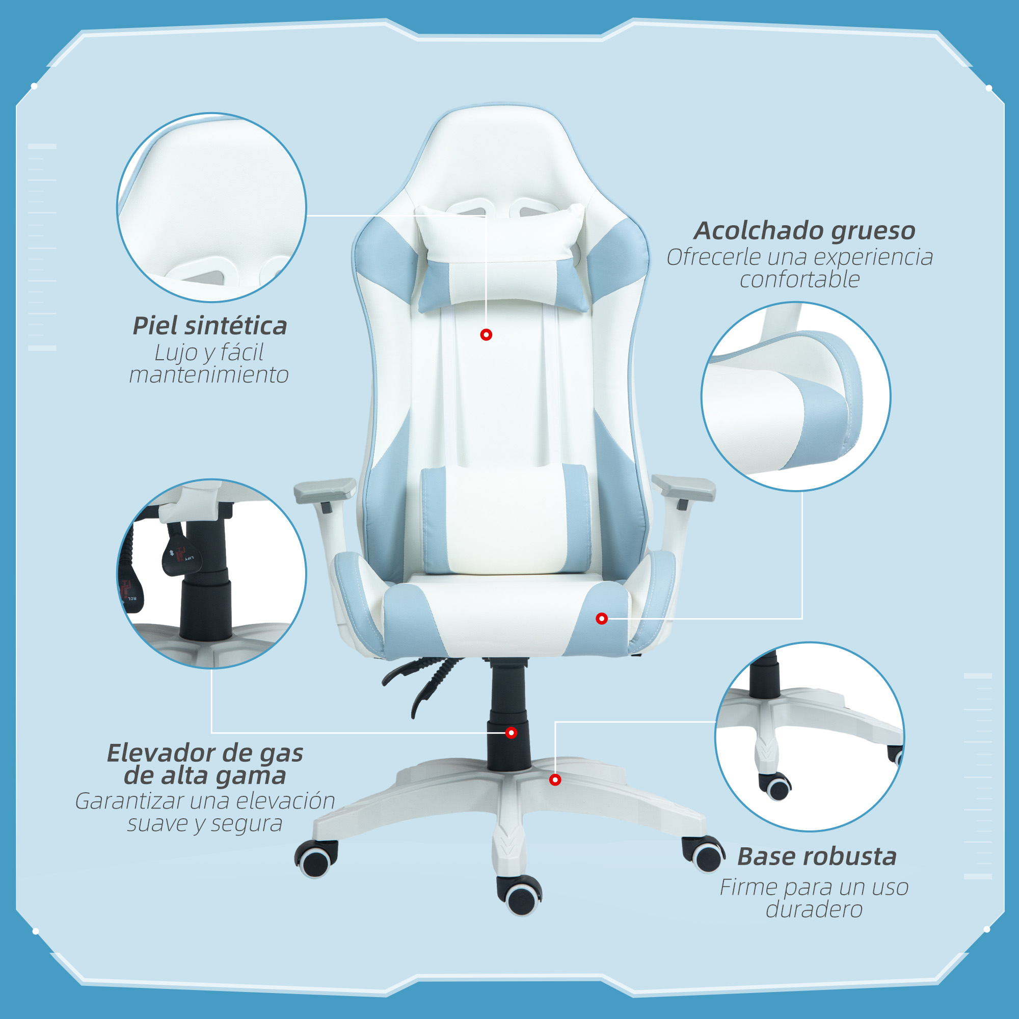 Una silla gaming blanca y azul con características resaltadas y anotaciones de texto.