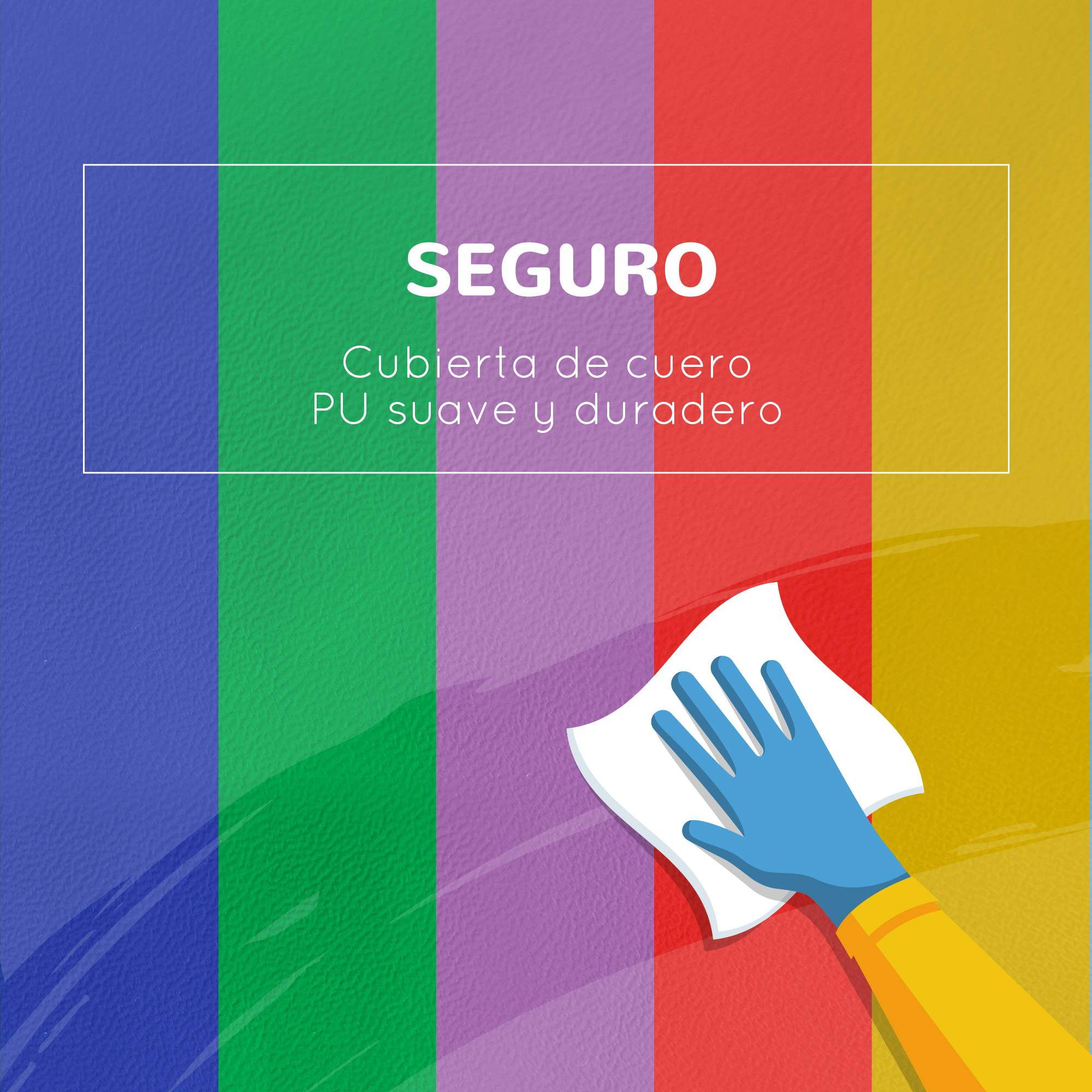 Una mano con guante azul limpia una superficie colorida con un paño blanco.
