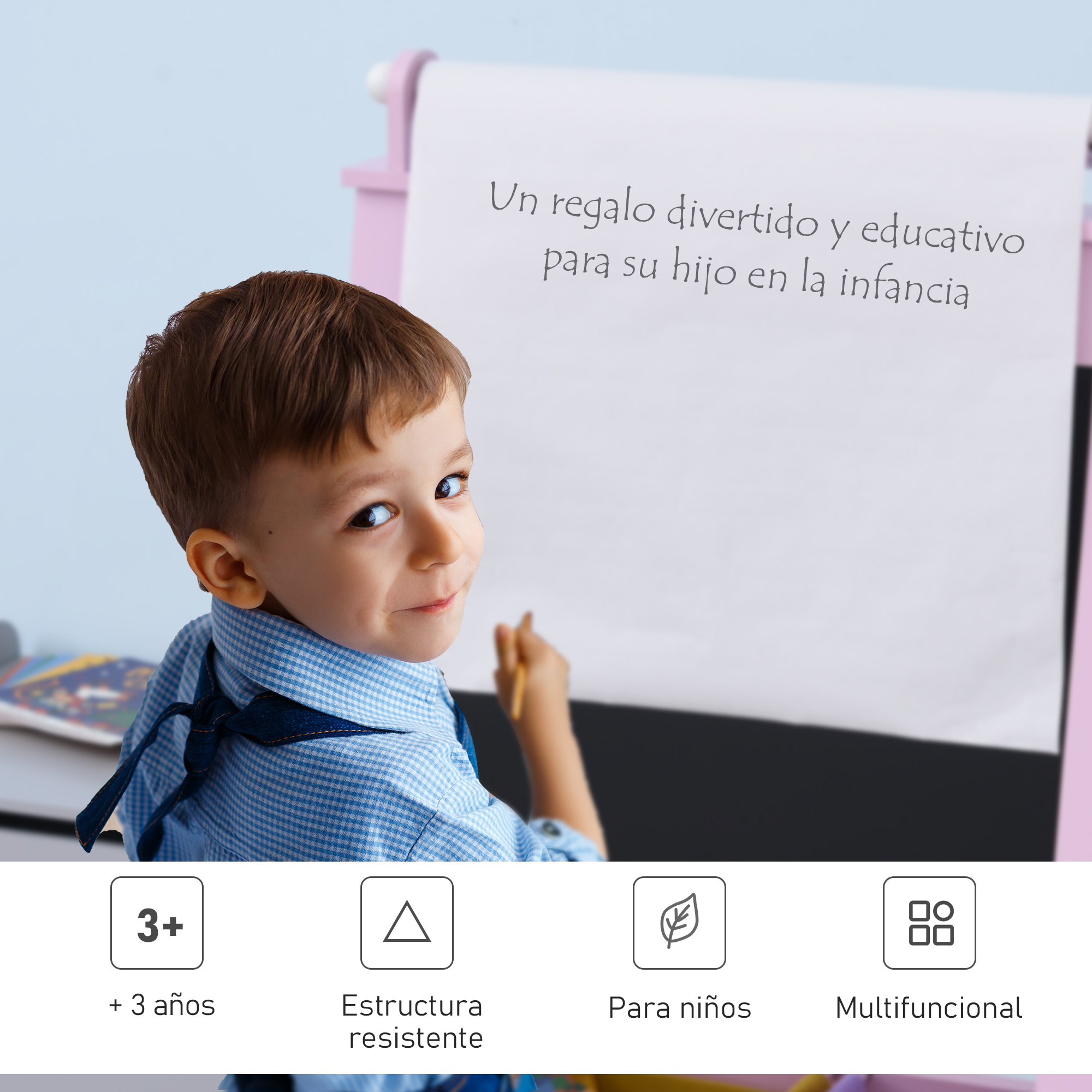 Un niño pequeño escribiendo en una pizarra. Texto: "Un regalo divertido y educativo para su hijo en la infancia".