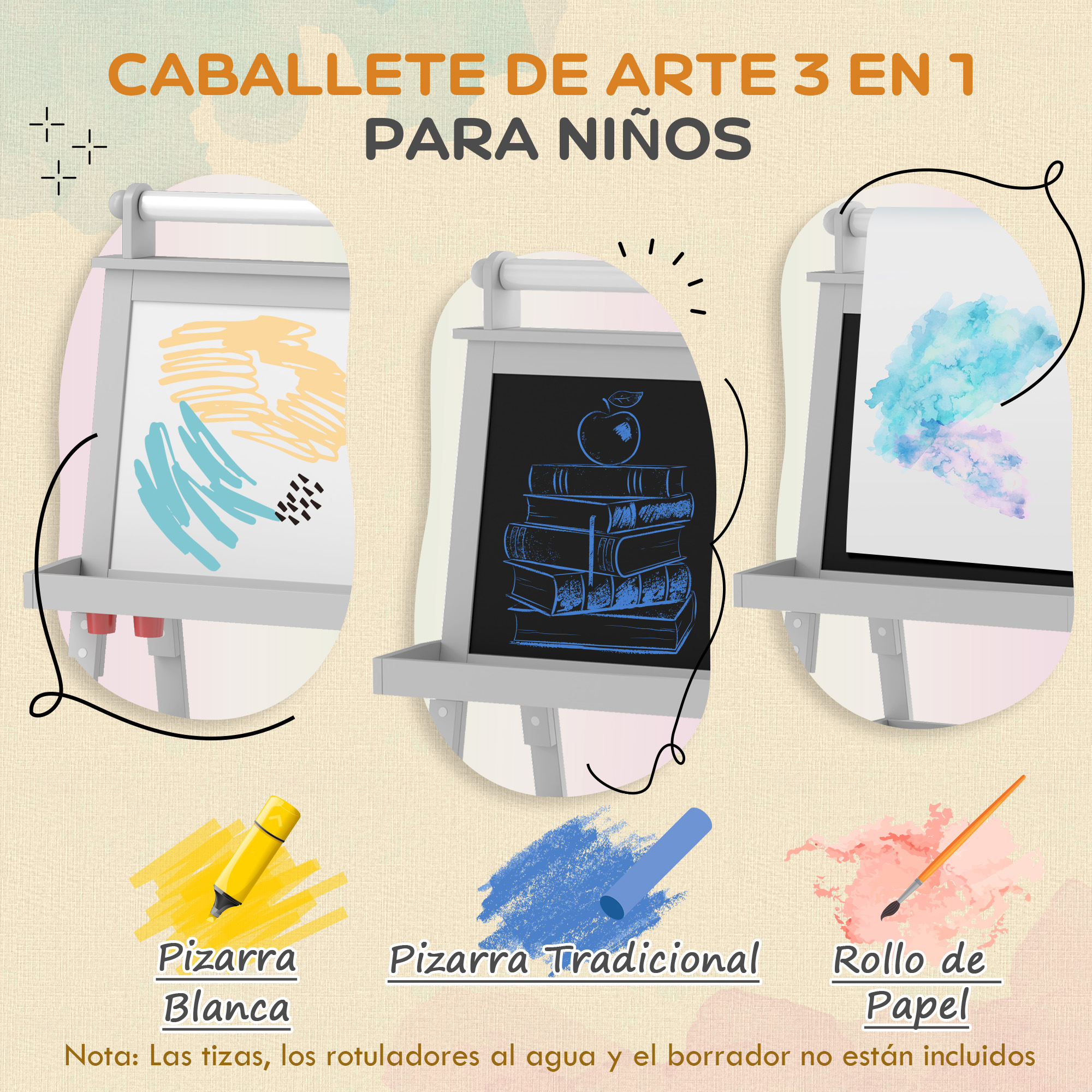 Caballete de arte para niños, tres tipos de superficies de dibujo con etiquetas de texto debajo.