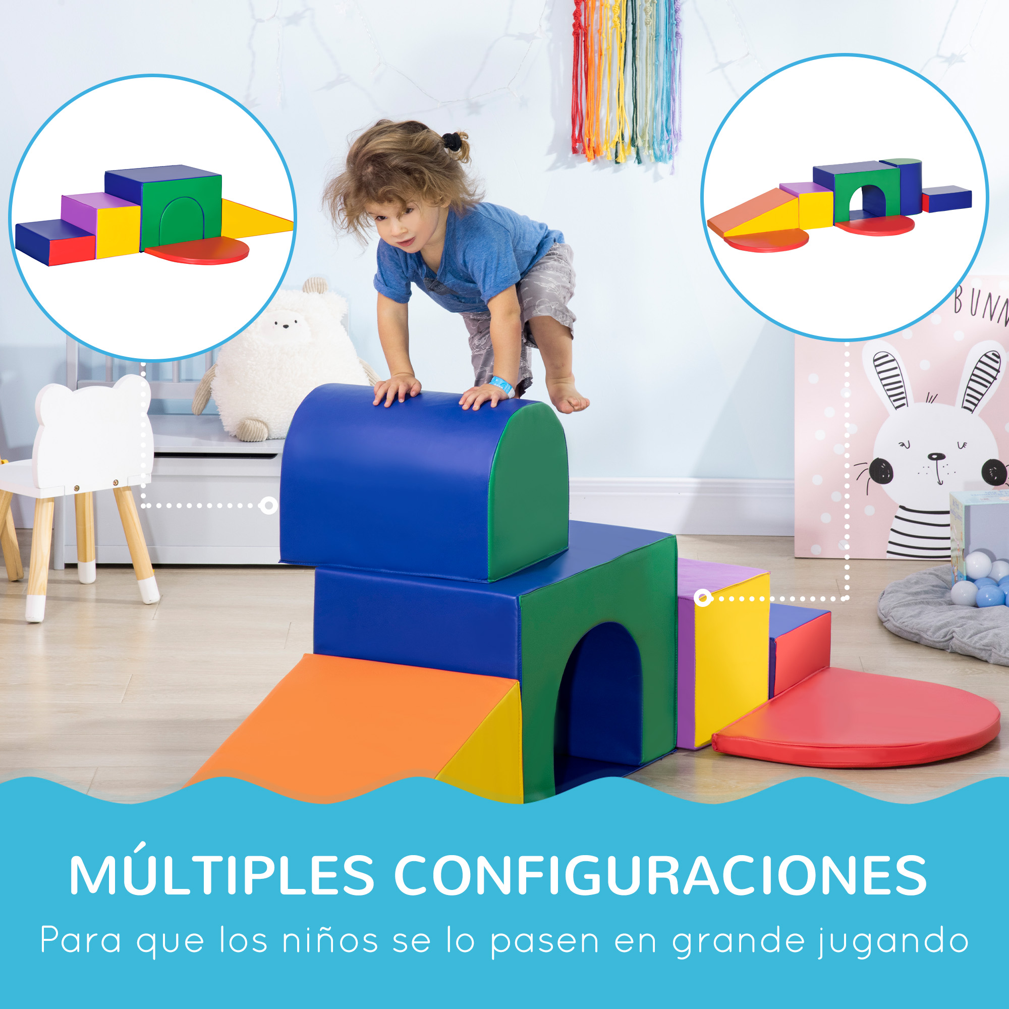 Niño subiendo bloques de espuma coloridos, se muestran dos configuraciones de bloques.