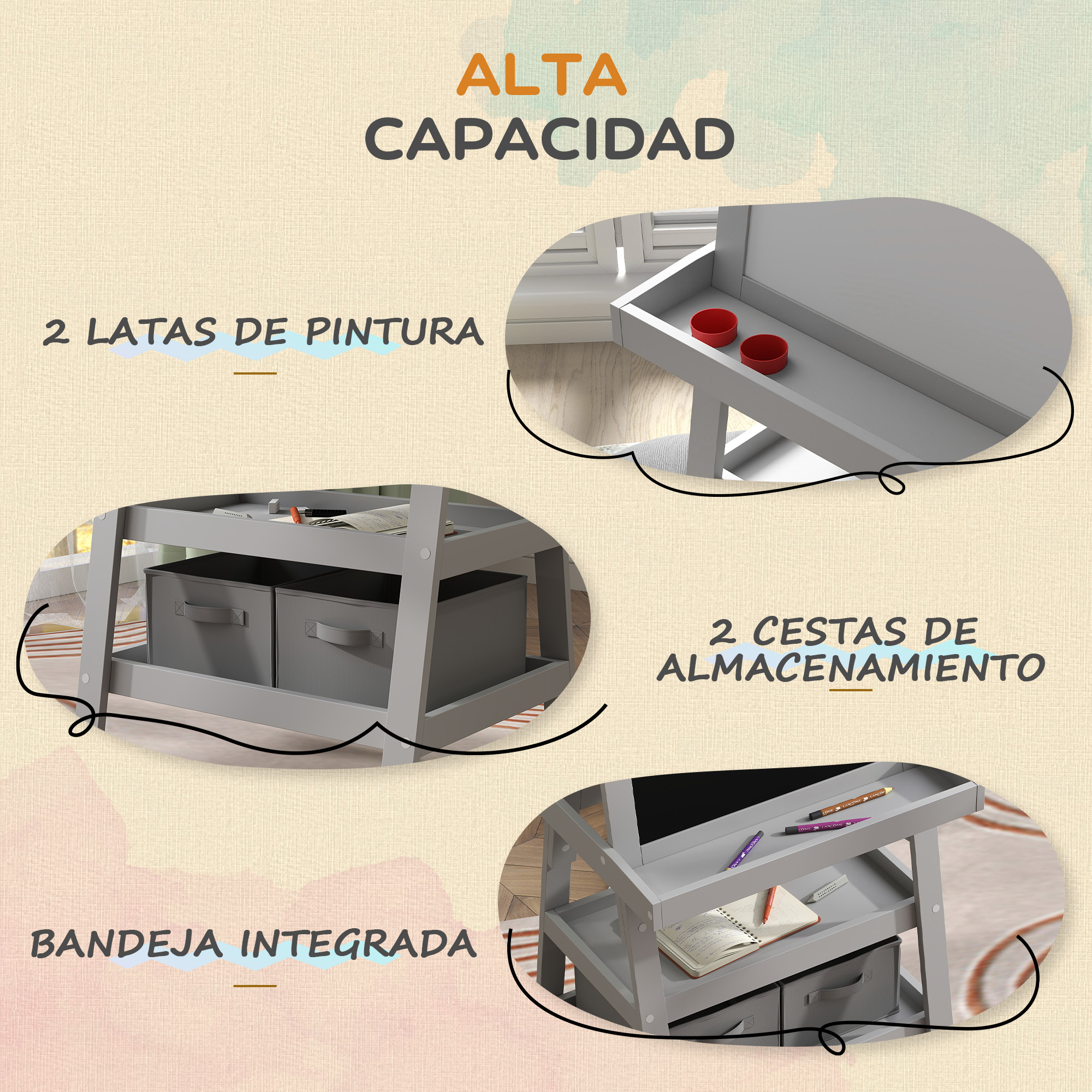 Mesa de juego gris con almacenamiento y dos latas de pintura. Texto: ALTA CAPACIDAD.