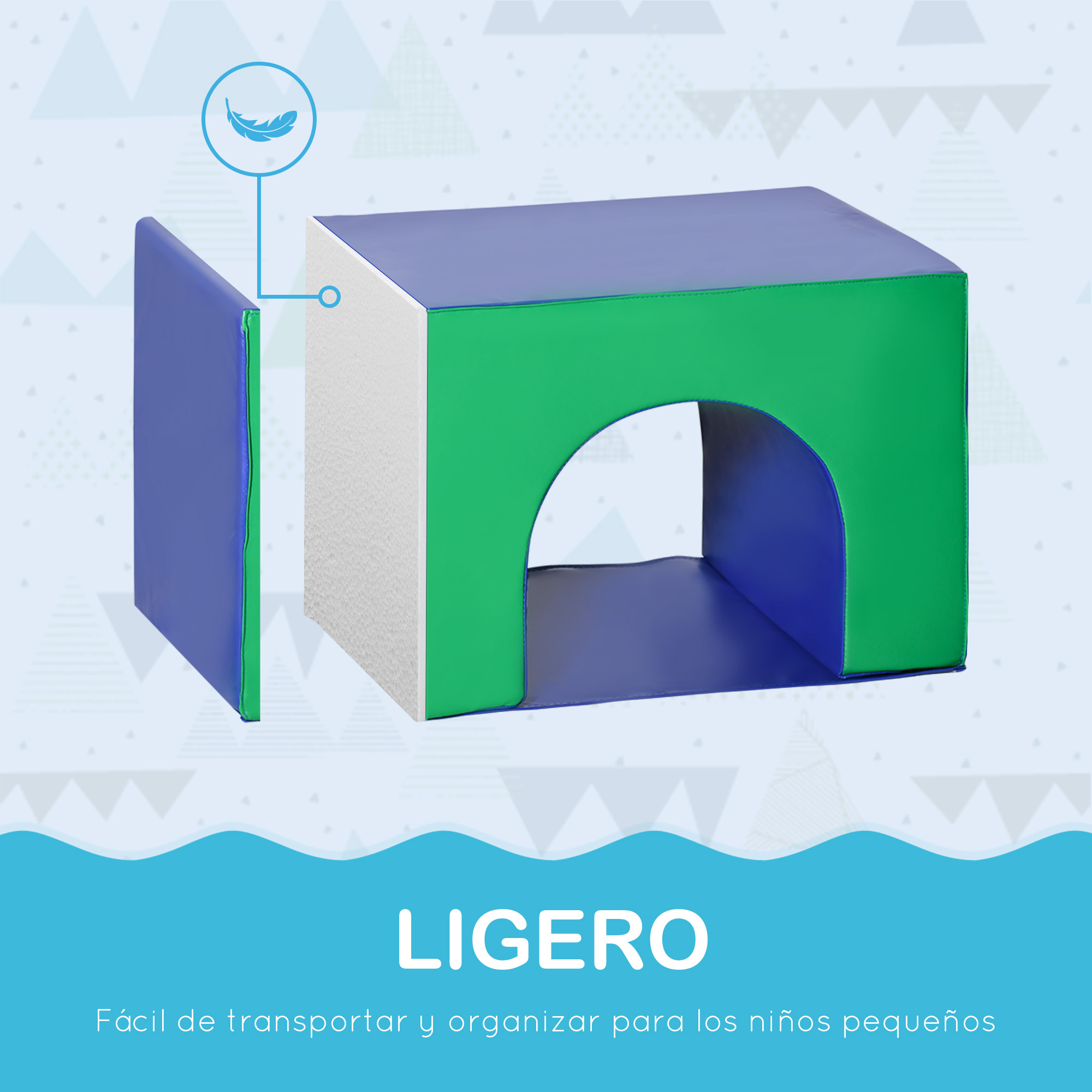 Un cubo de espuma azul y verde con una parte de espuma blanca y azul.