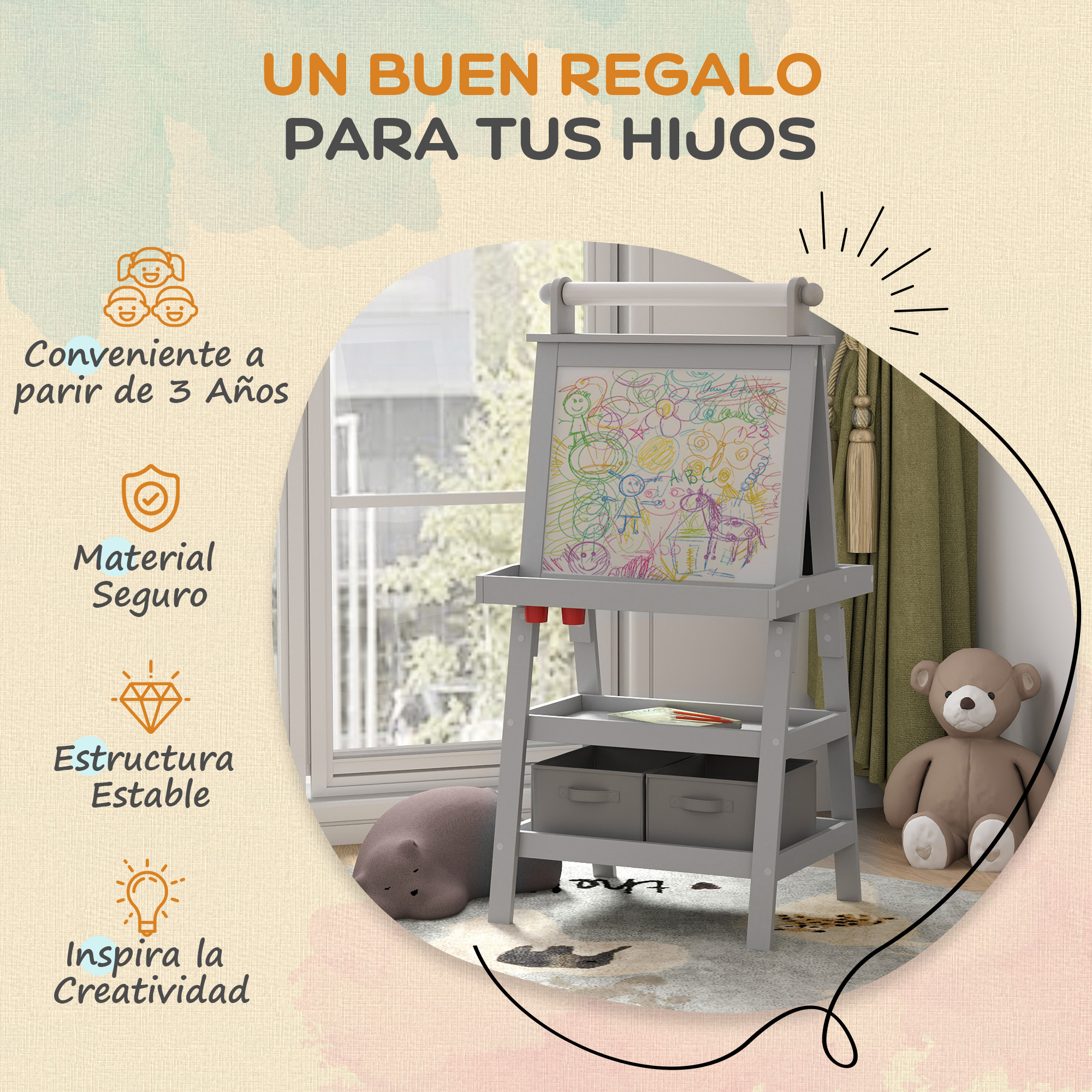 Un caballete con dibujo infantil, regalos y texto: 'Un buen regalo para tus hijos'.