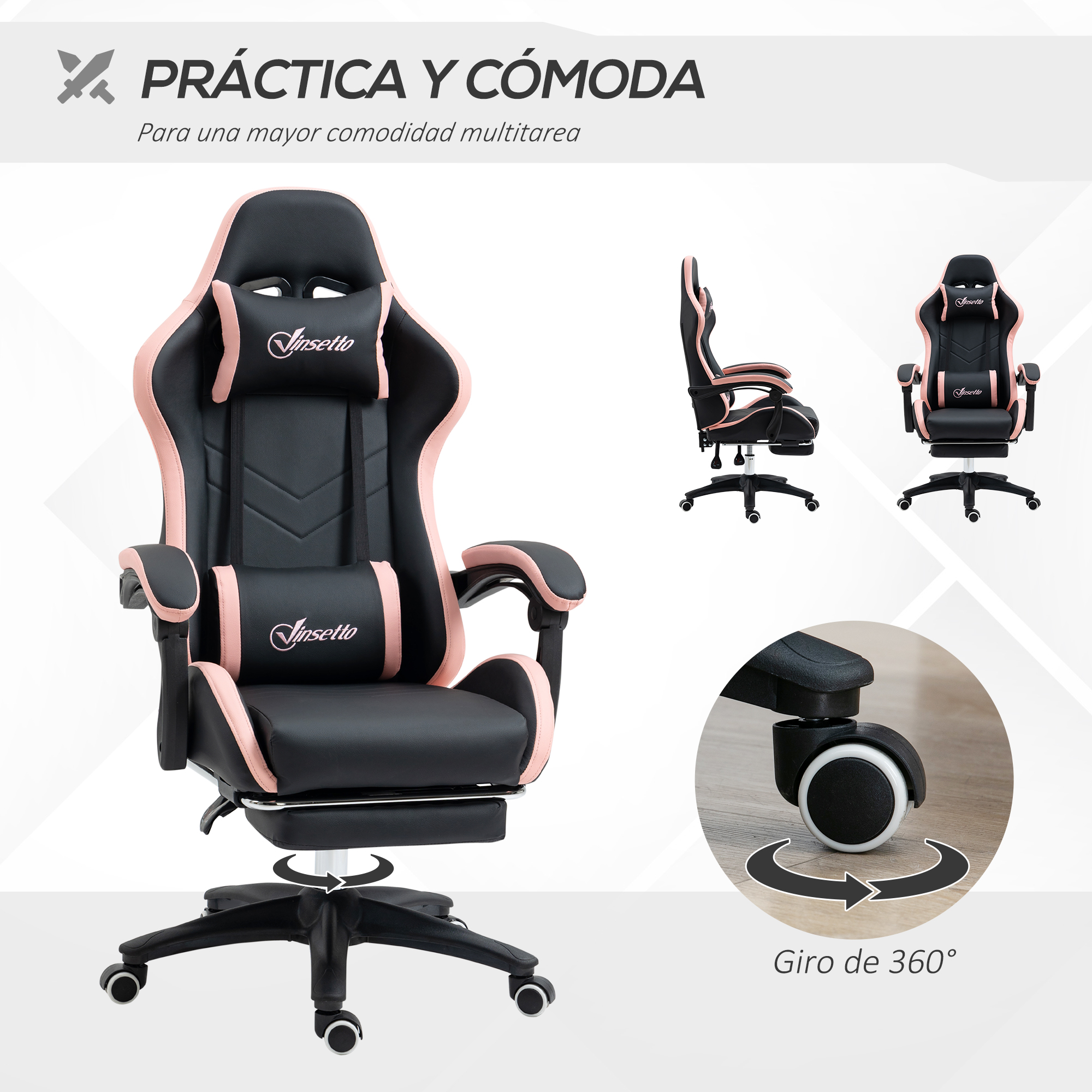 Silla gaming negra y rosa. Con reposacabezas, soporte lumbar, reposabrazos y reposapiés.