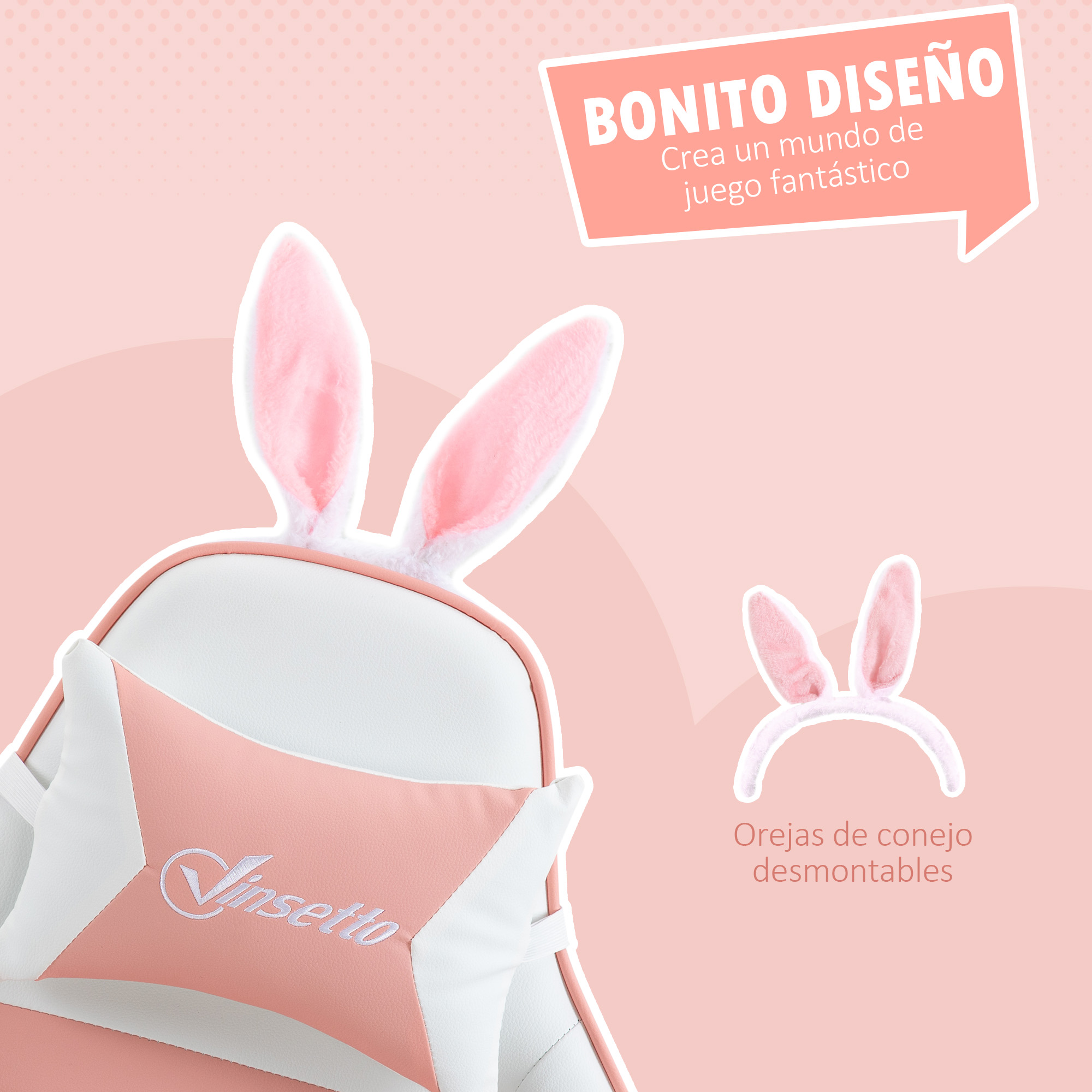 Primer plano de una silla gamer rosa y blanca con orejas de conejo y una almohada a juego. Está sobre un fondo rosa.