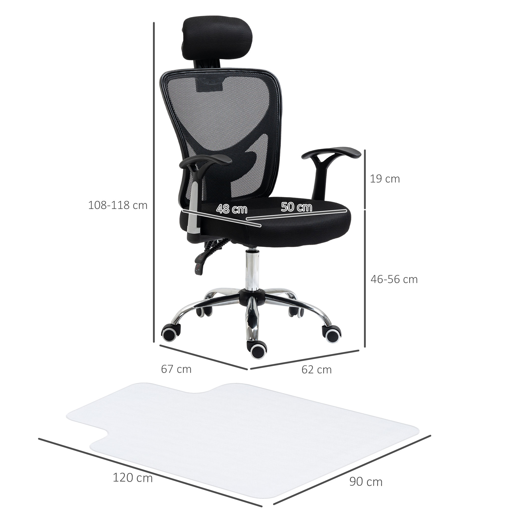 Silla de oficina ergonómica con dimensiones. Respaldo y asiento de malla negra, base plateada y reposacabezas.
