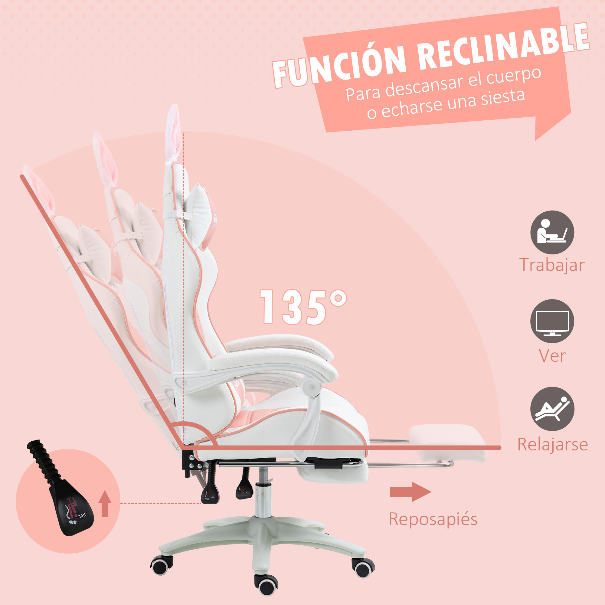 Una silla ergonómica blanca y rosa reclinada a 135 grados con reposapiés.