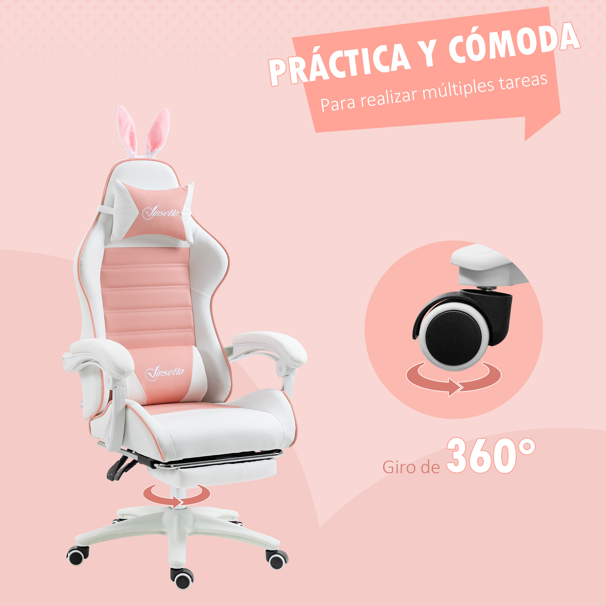 Una silla gaming rosa y blanca con orejas de conejo, destacando giro de 360 grados.