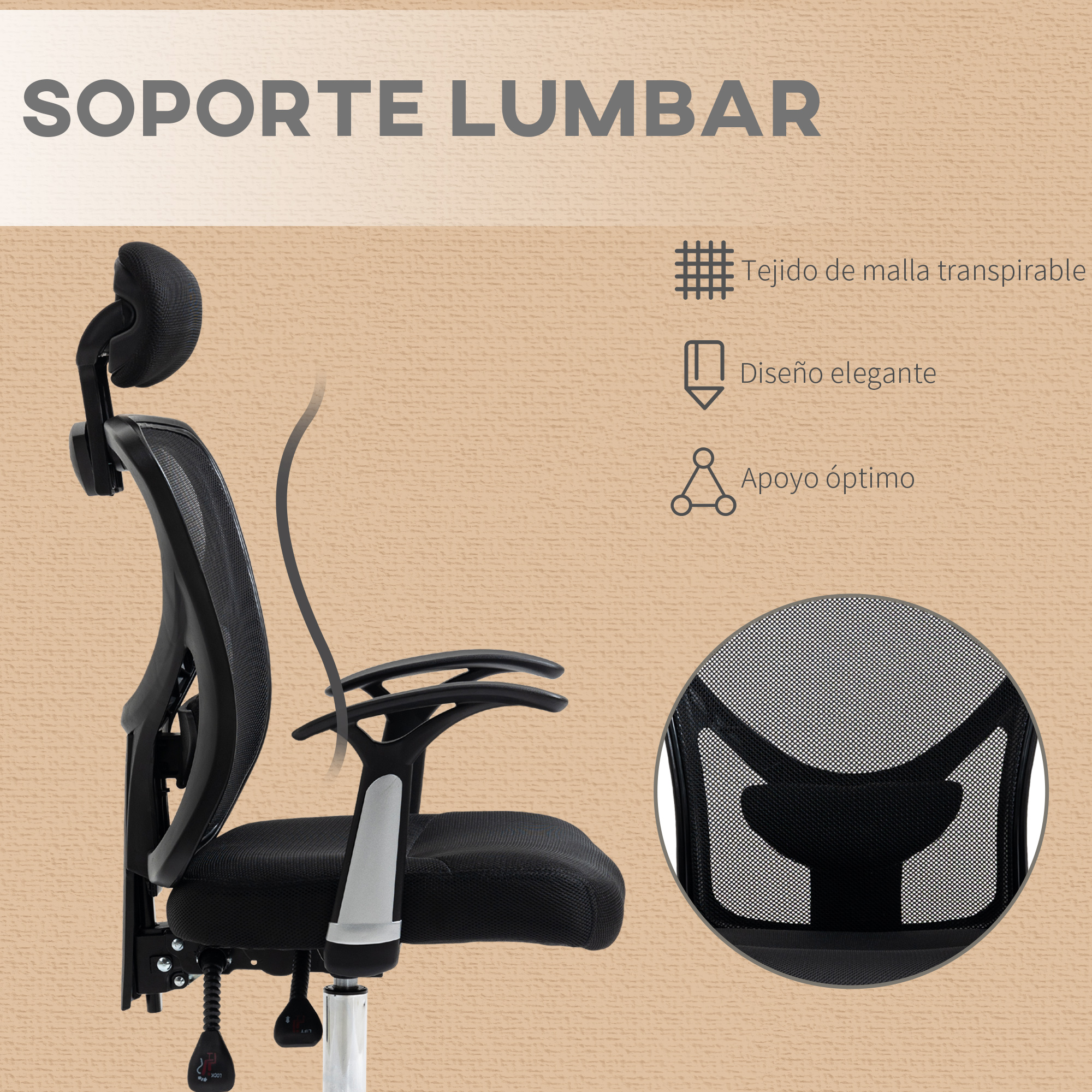 Una silla de oficina de malla negra con soporte lumbar, con diagramas que muestran malla transpirable, diseño elegante y apoyo.