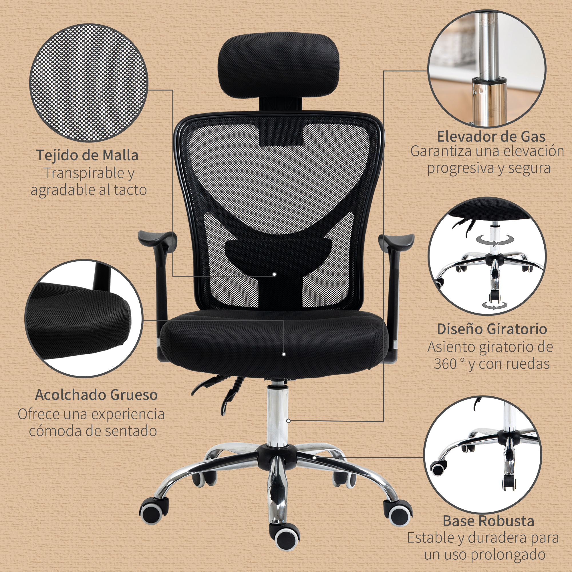 Silla de oficina ergonómica de malla negra con anotaciones que resaltan características.