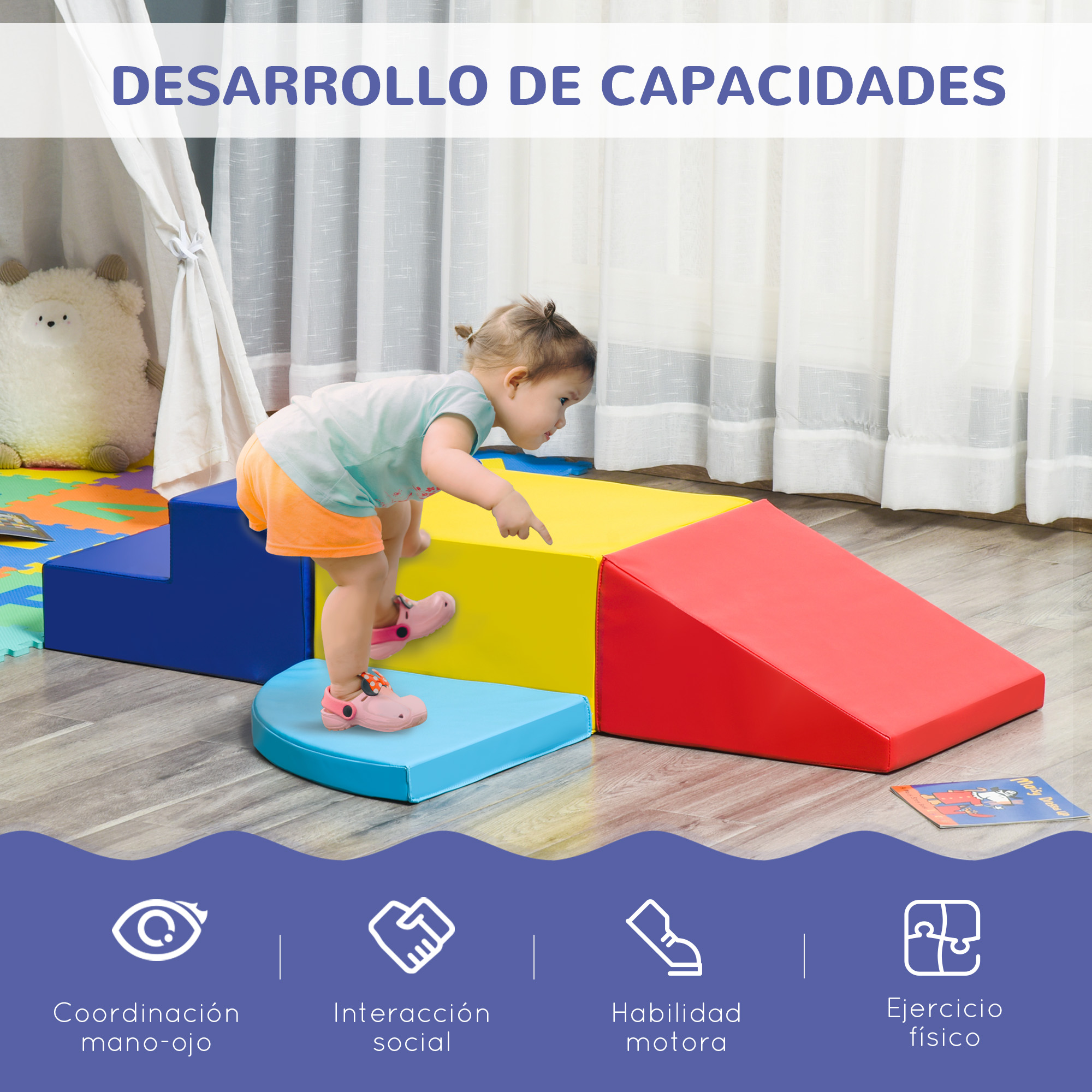 Niño pequeño en bloques coloridos, texto: 'DESARROLLO DE CAPACIDADES', iconos de habilidades.