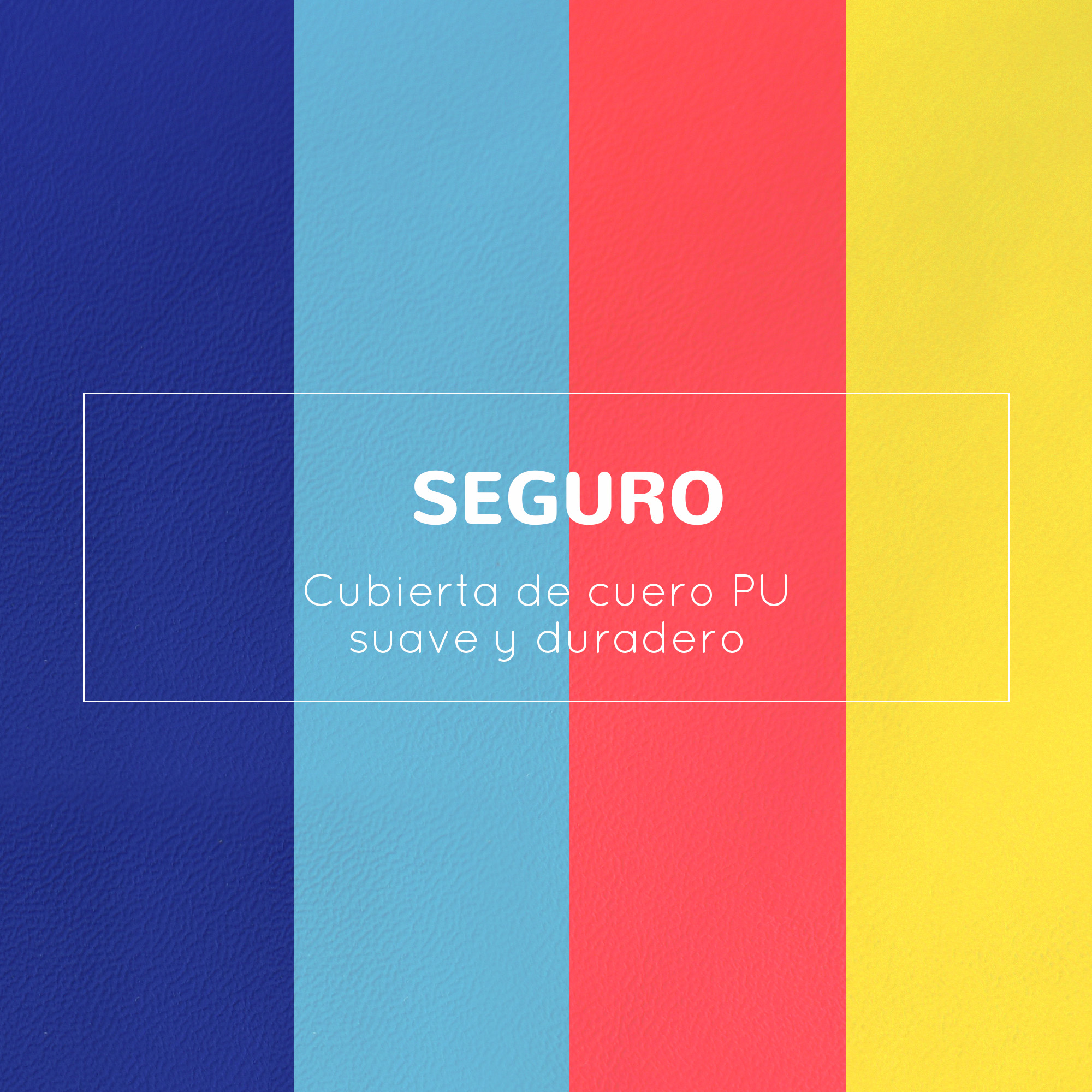Una imagen colorida que muestra muestras de tela en azul, celeste, rojo y amarillo, con superposición de texto blanco.