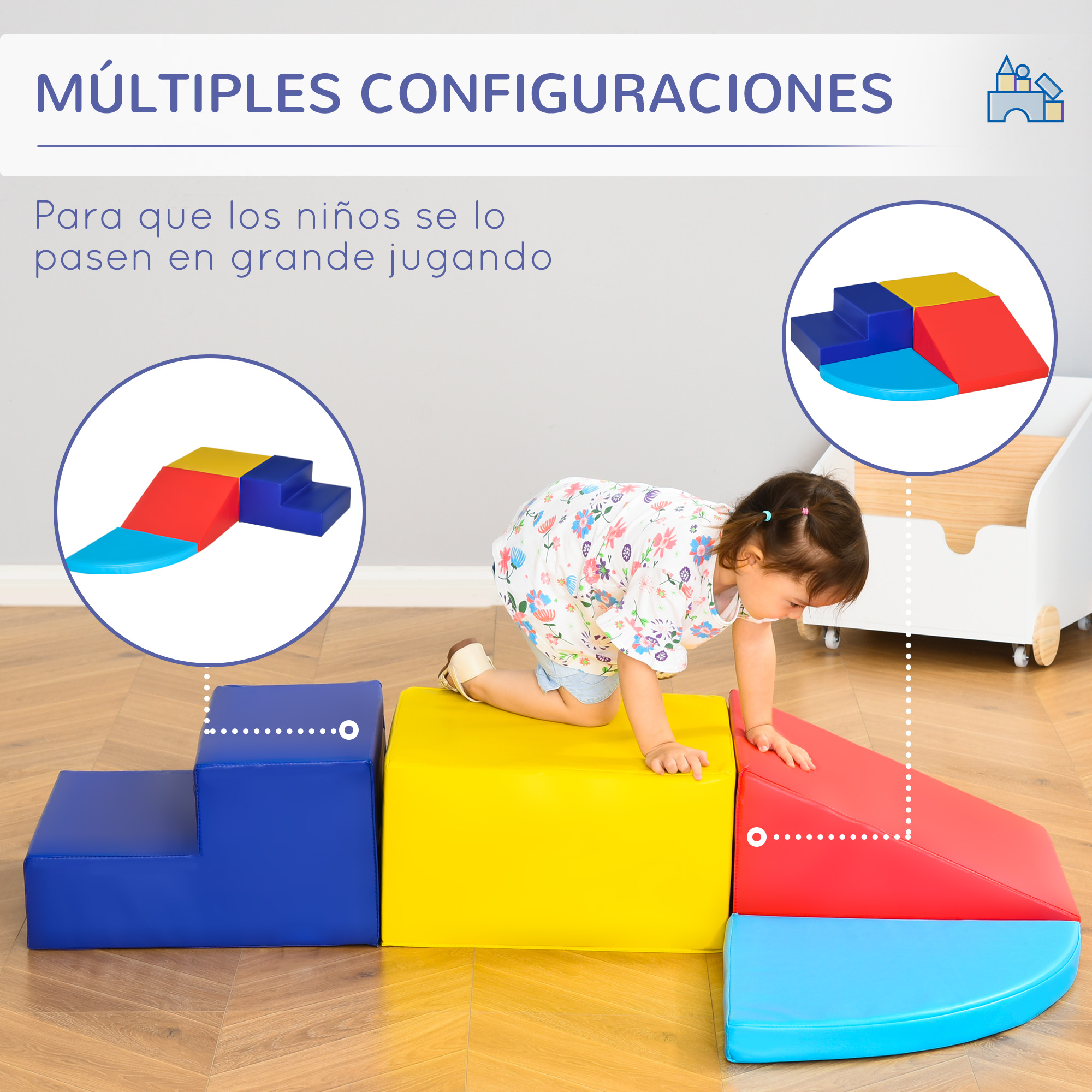 Un niño pequeño juega en bloques de espuma de colores. Bloques azules, amarillos y rojos.