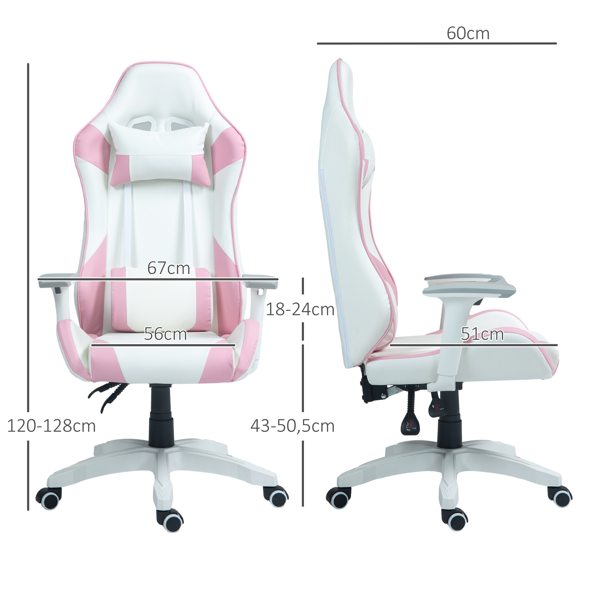 Una silla gamer blanca y rosa con dimensiones etiquetadas. Se muestra desde dos ángulos, lateral y frontal.