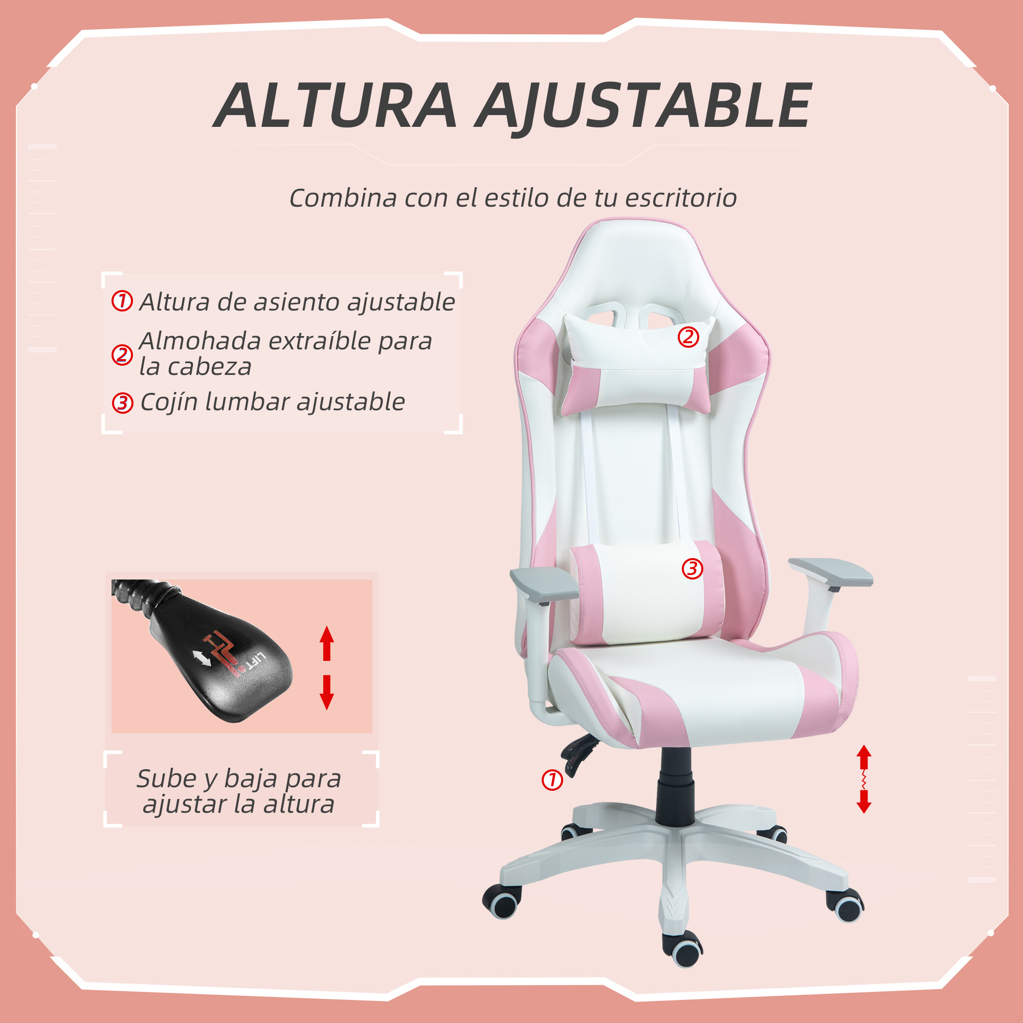 Silla gamer blanca y rosa. Incluye asiento, reposacabezas y soporte lumbar ajustables. Muestra la palanca de ajuste de altura.