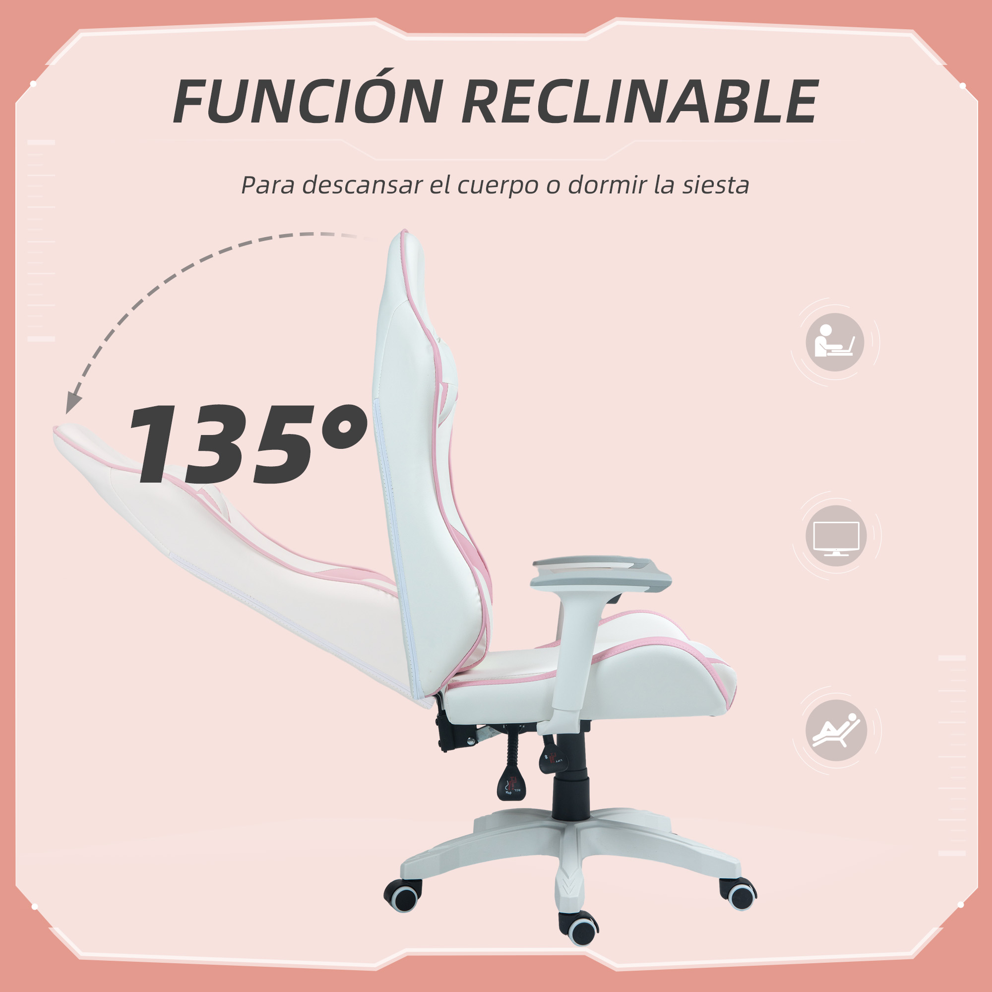Silla gamer blanca y rosa reclinada a 135 grados, con ilustración de persona.