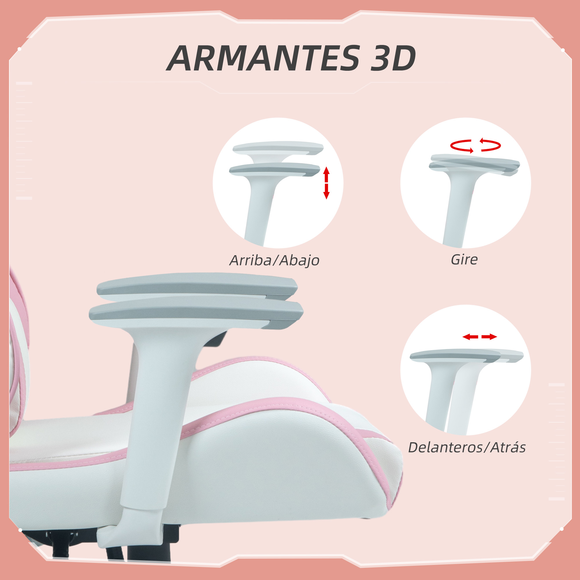 Diagrama de los reposabrazos 3D de una silla de oficina. Muestra ajustes: arriba/abajo, girar y adelante/atrás.