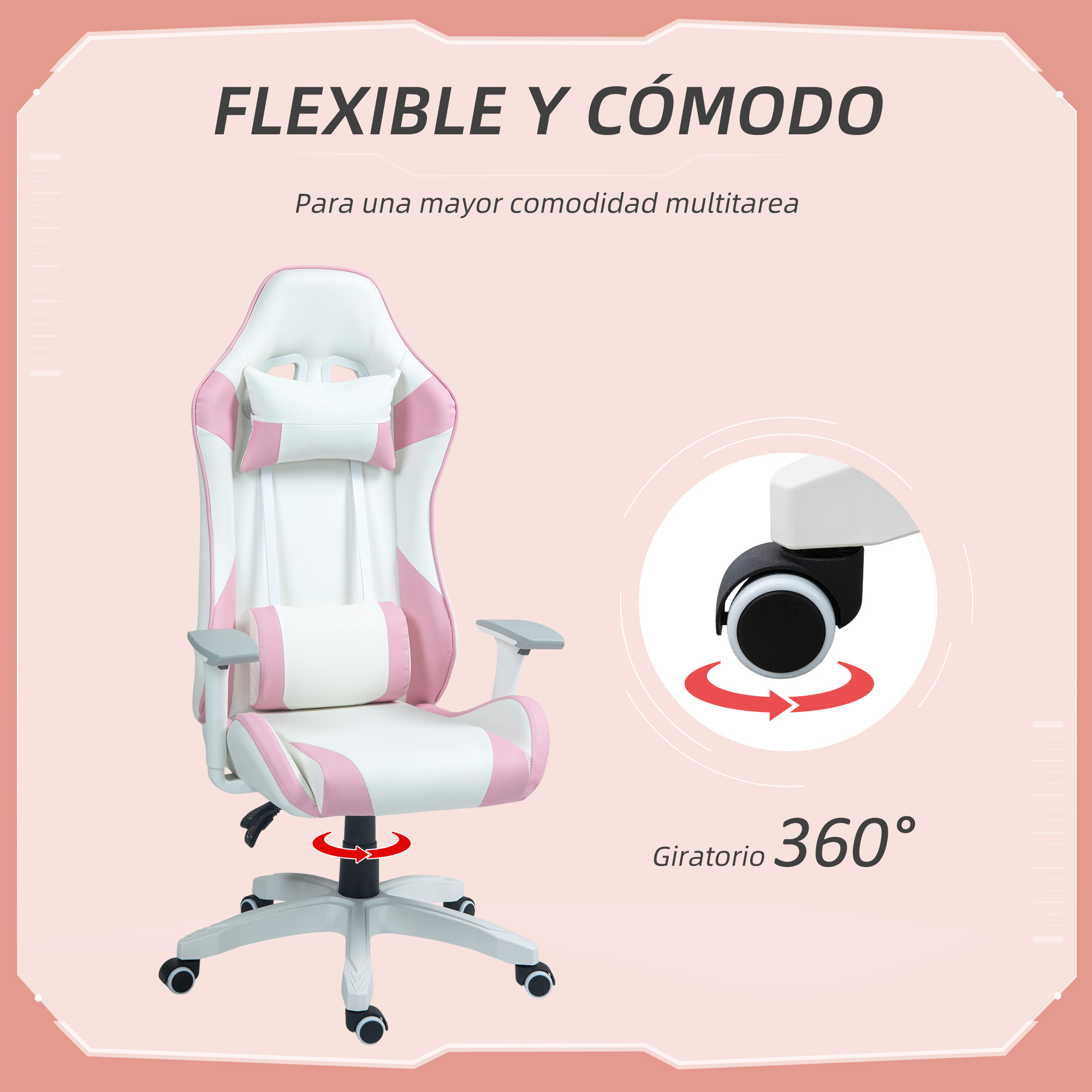 Silla gaming blanca y rosa con giro 360°, primer plano de la rueda.
