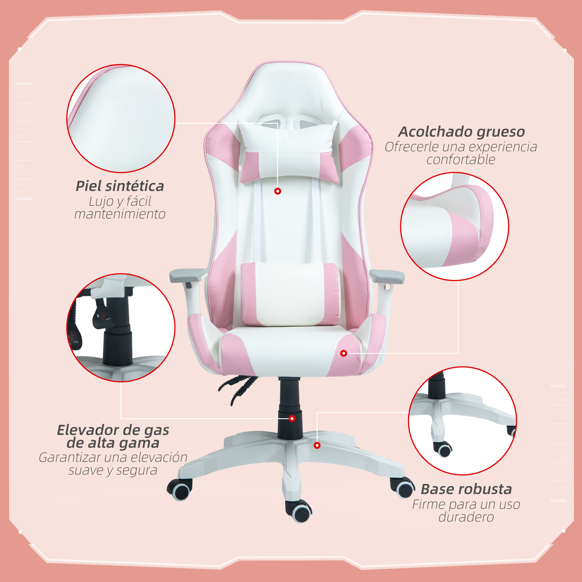 Una silla gaming blanca y rosa, mostrando el asiento, el respaldo, los reposabrazos y la base. Primeros planos.