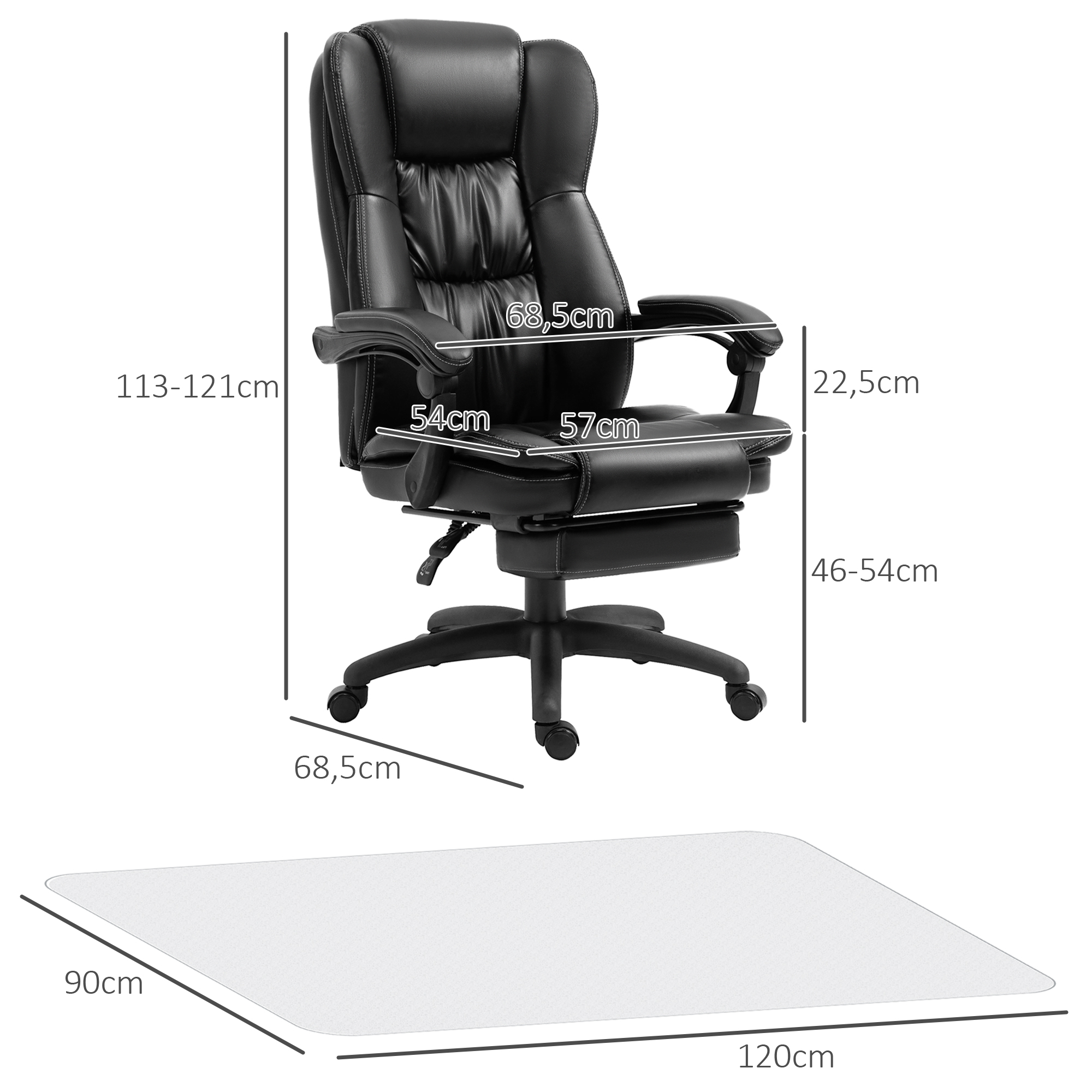 Silla de oficina negra con dimensiones. Alfombrilla en el suelo. La silla tiene reposapiés.