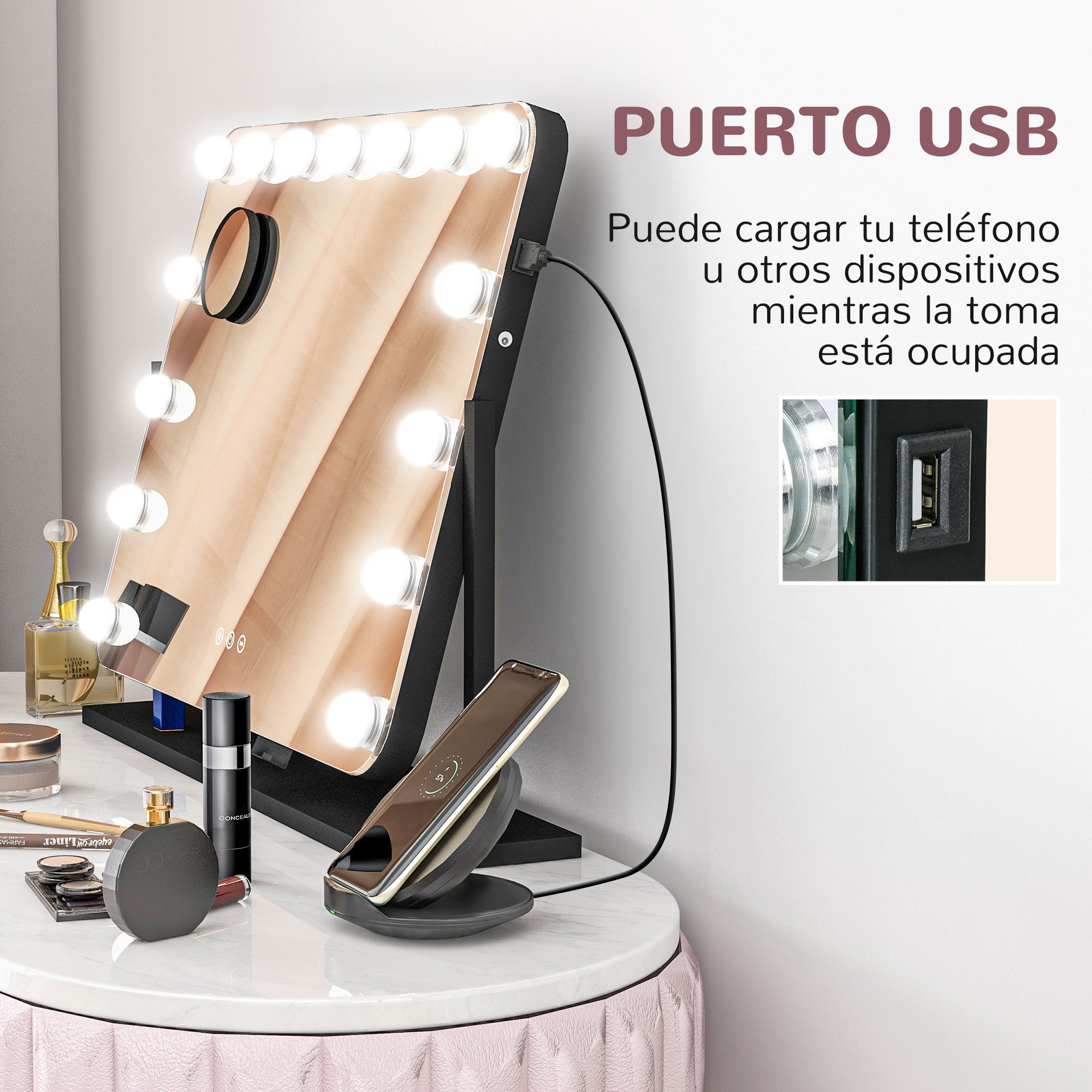 Un espejo de maquillaje con luces y puerto USB, y un teléfono cargando de forma inalámbrica.