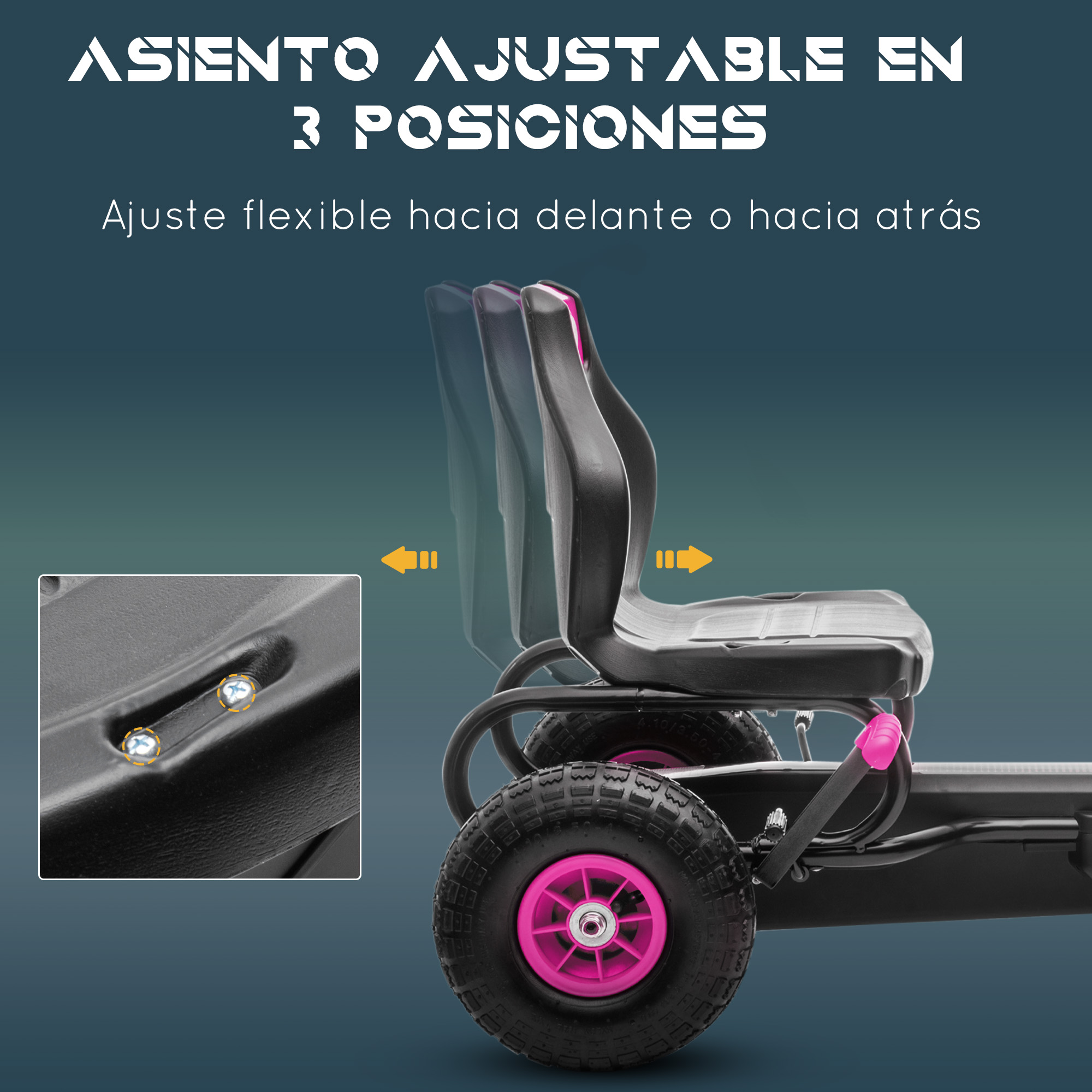 Asiento de kart negro con posiciones ajustables. Muestra ajustes delanteros y traseros.