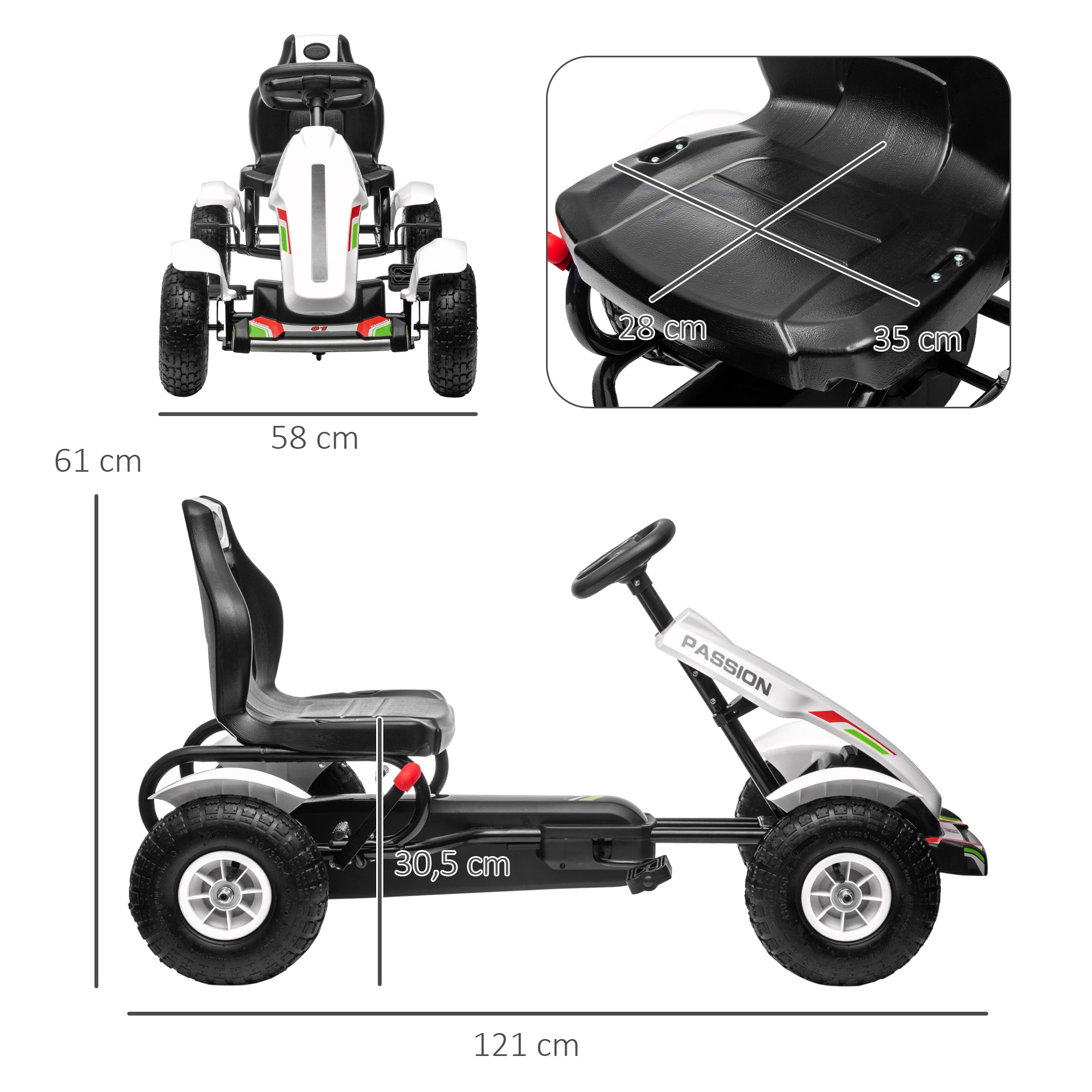 Un go-kart blanco y negro con dimensiones etiquetadas, mostrando múltiples ángulos.