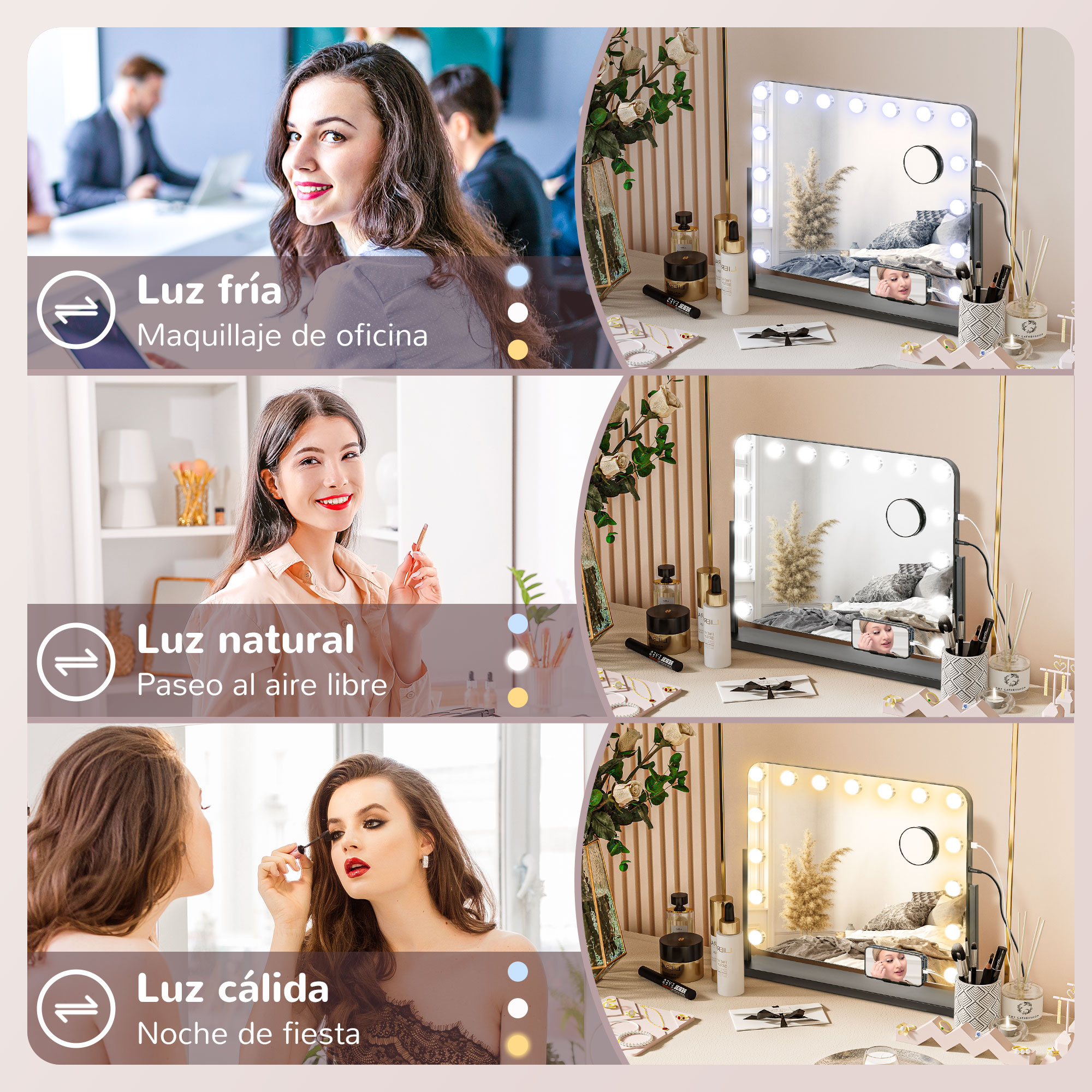 Tres imágenes que muestran diferentes iluminaciones para un espejo de maquillaje y una mujer.
