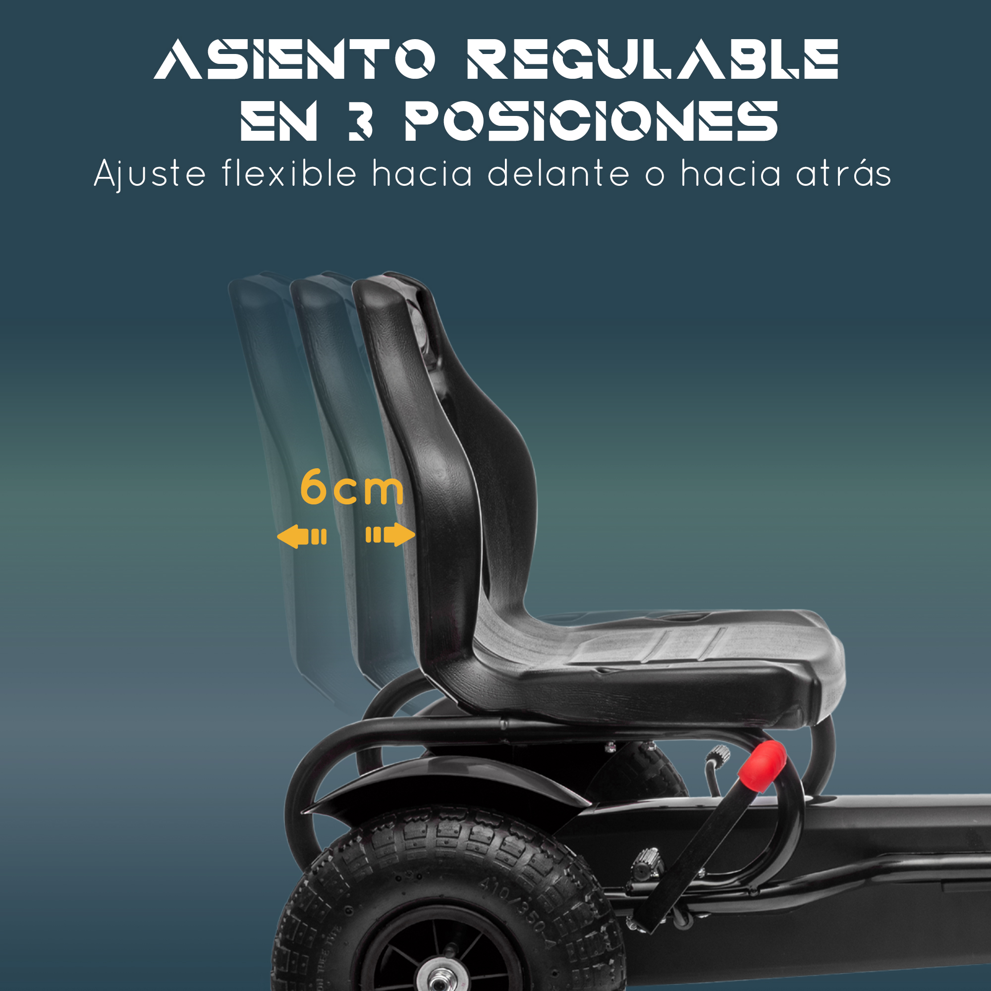Un asiento negro ajustable en un go-kart negro, con texto sobre la ajustabilidad.