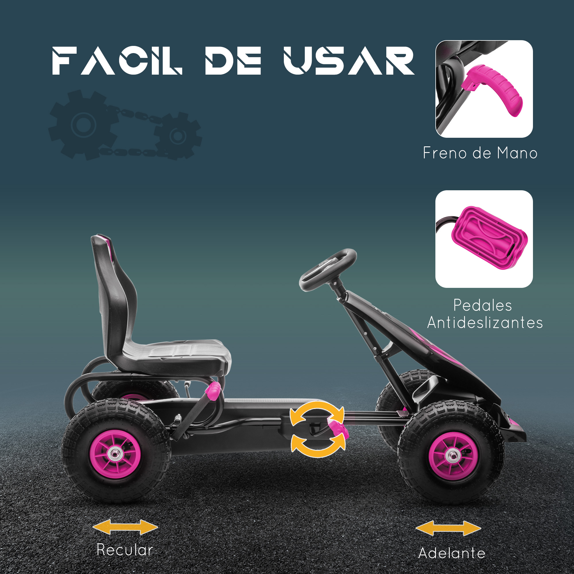 Un coche de pedales para niños con carrocería negra y detalles rosas, con flechas direccionales.