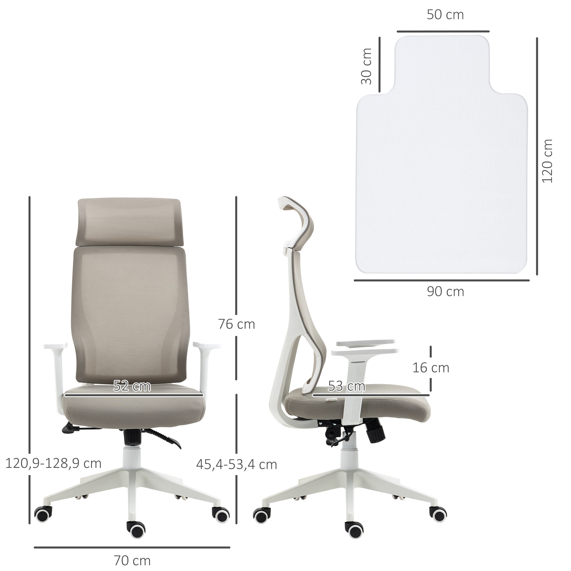 Silla de oficina con dimensiones y una alfombra blanca.