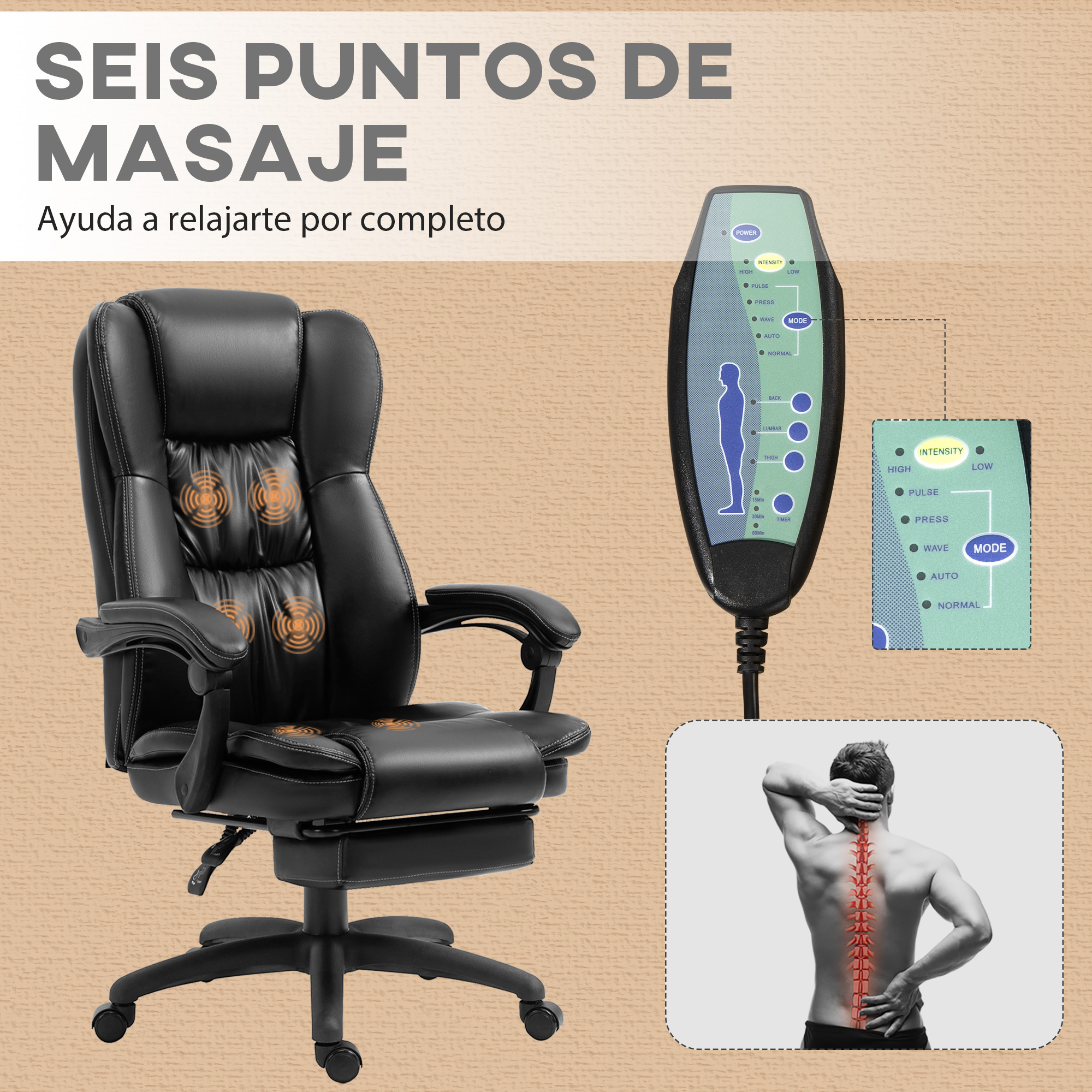 Silla de masaje negra con panel de control y diagrama con persona y columna vertebral roja.