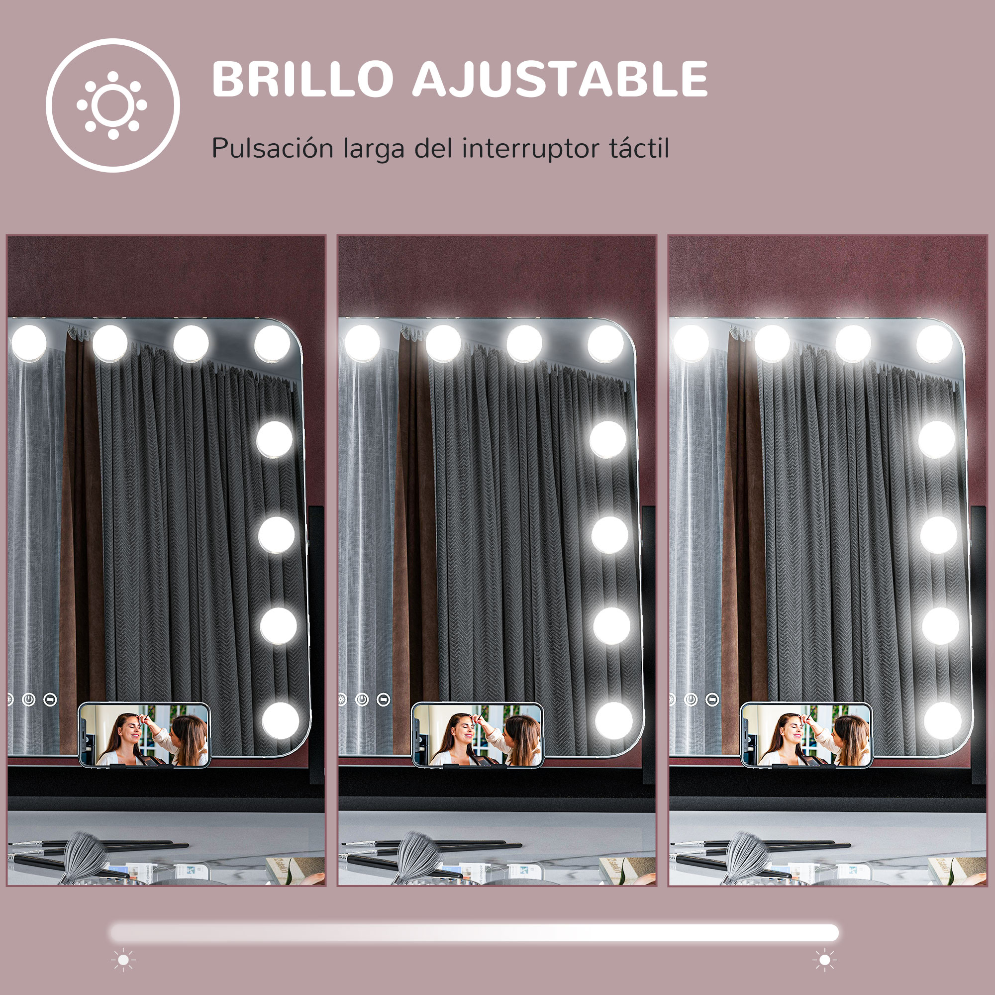 Un espejo de maquillaje con brillo ajustable. Se muestran tres configuraciones de iluminación diferentes.