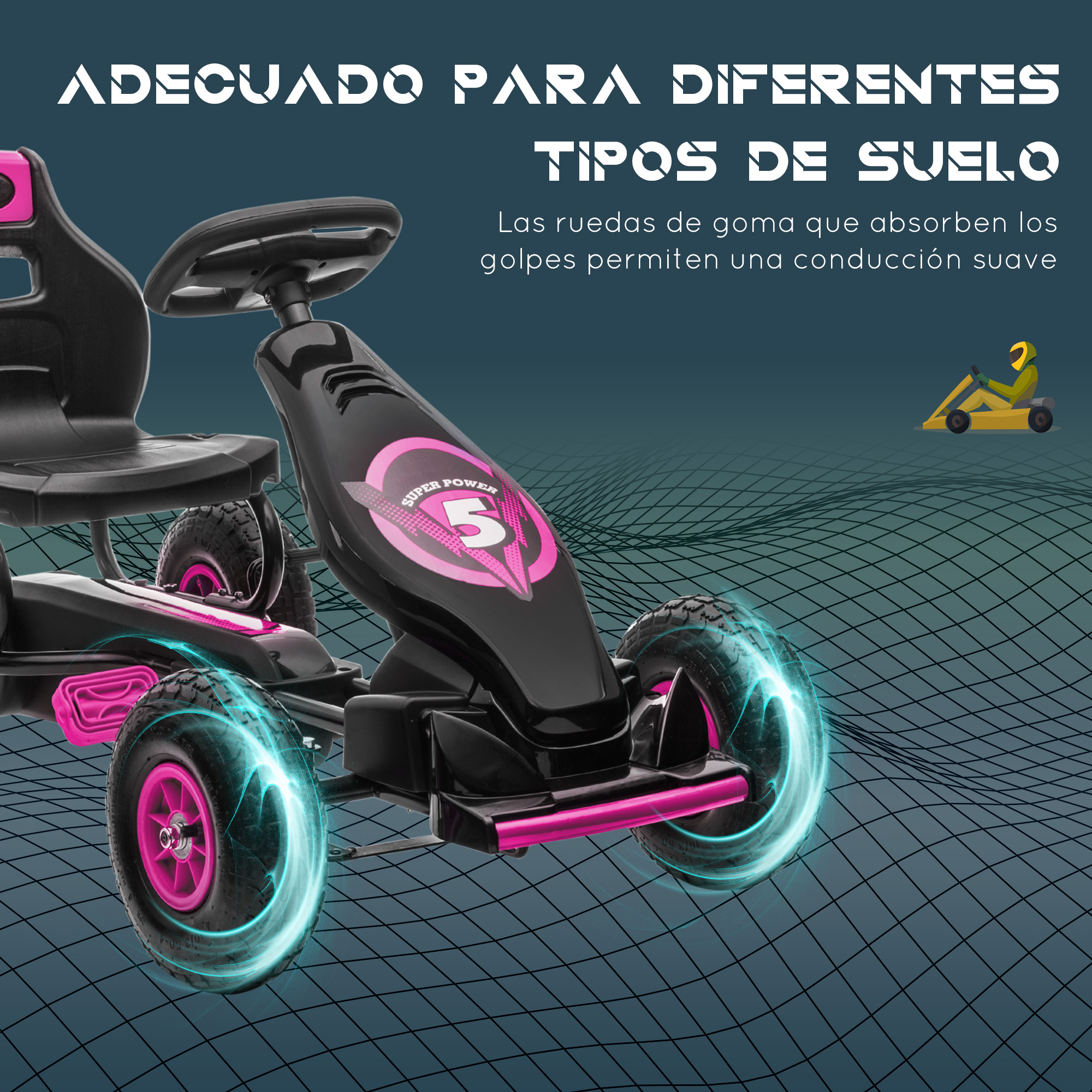 Un kart a pedales negro y rosa con ruedas brillantes azules, sobre un fondo de cuadrícula azul.