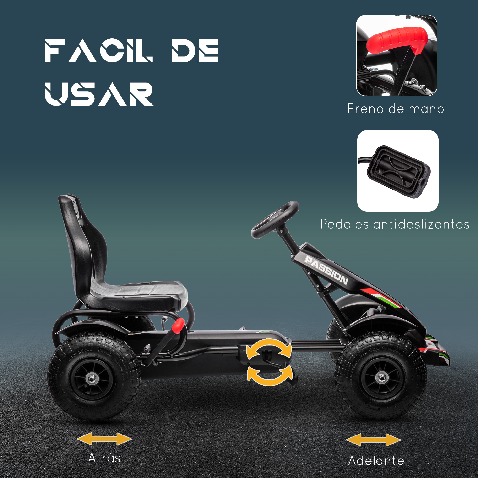 Go-kart negro con asiento y ruedas negras. Tiene pedales y volante.