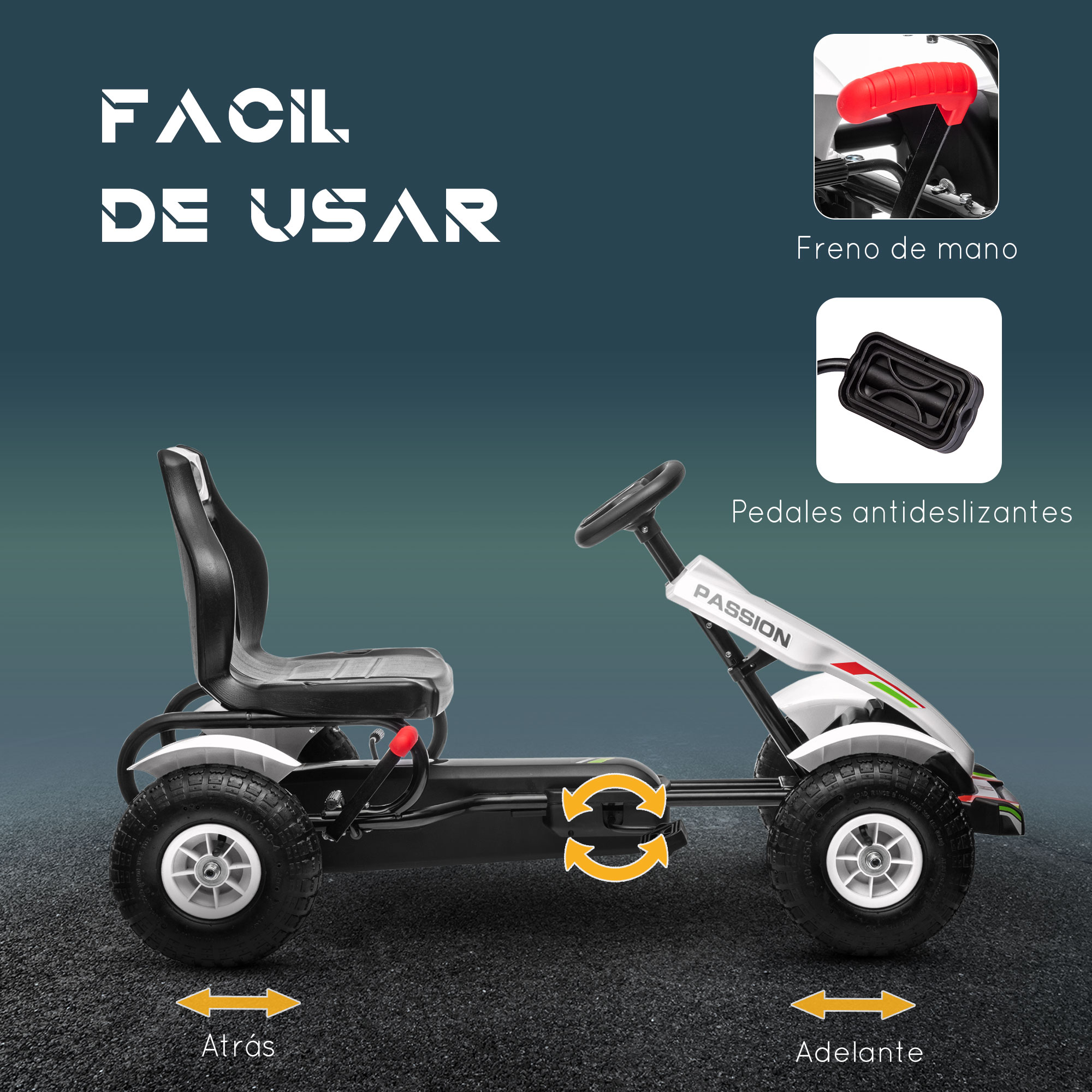 Go-kart con freno de mano y pedales antideslizantes, texto: 'FACIL DE USAR', flechas de dirección.