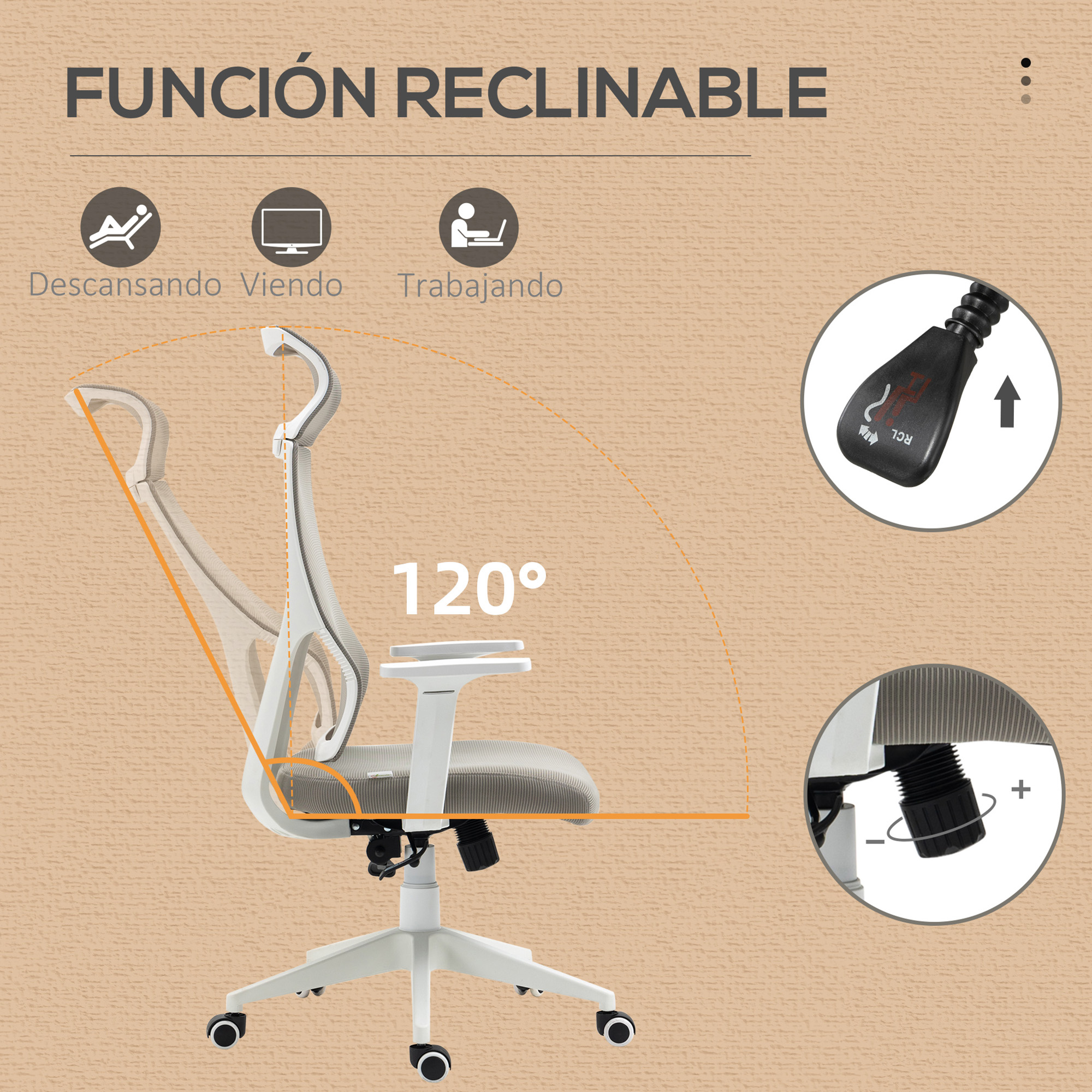 Silla de oficina blanca con asiento y respaldo grises, ajustable y reclinable.