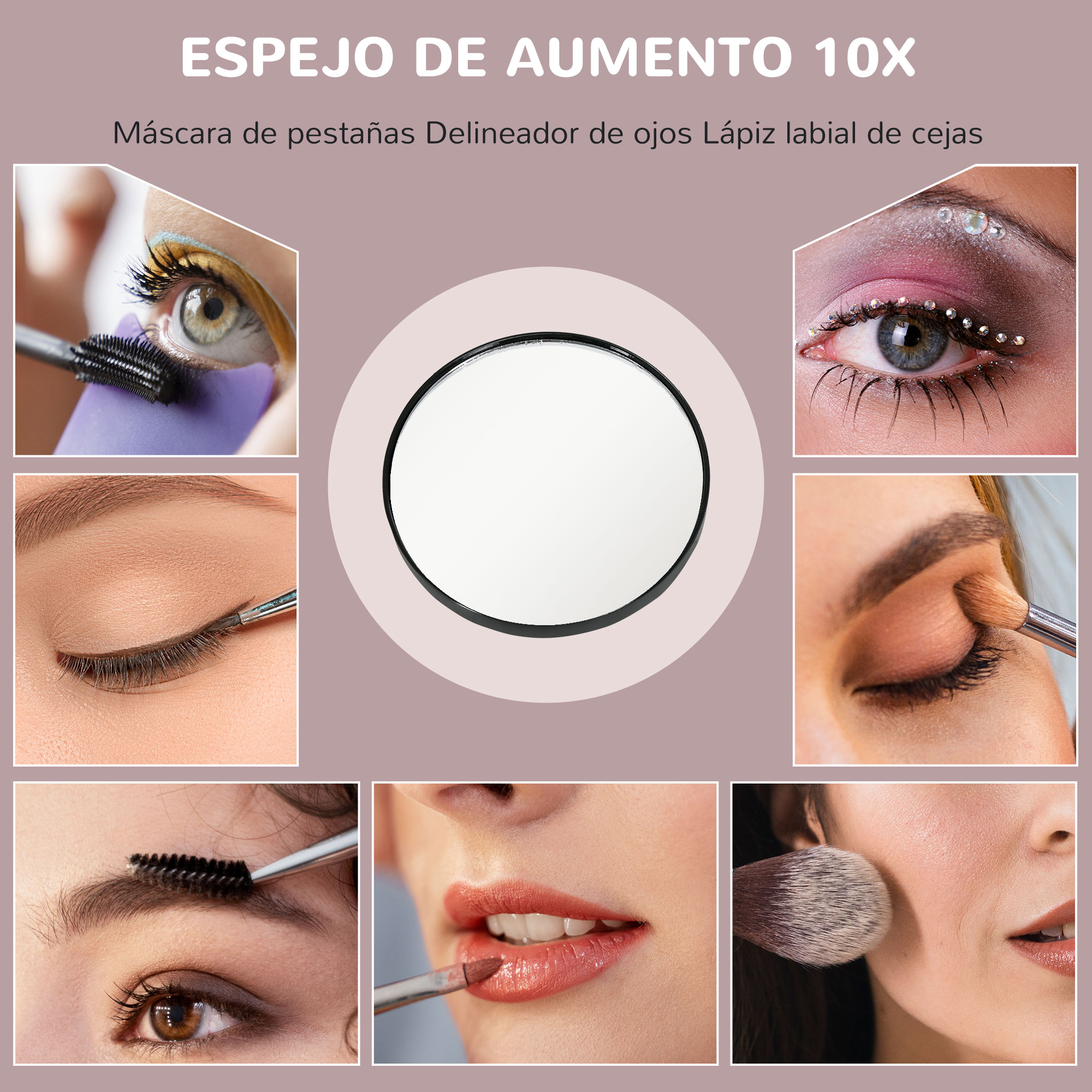 Un espejo de maquillaje con seis imágenes de aplicaciones de maquillaje de ojos y labios, demostrando diferentes técnicas.