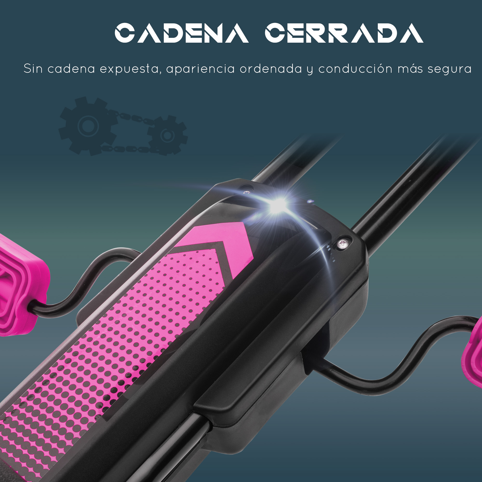 Primer plano de parte de scooter negro con acentos rosas. El texto dice 'Cadena Cerrada'. El fondo es verde azulado oscuro.