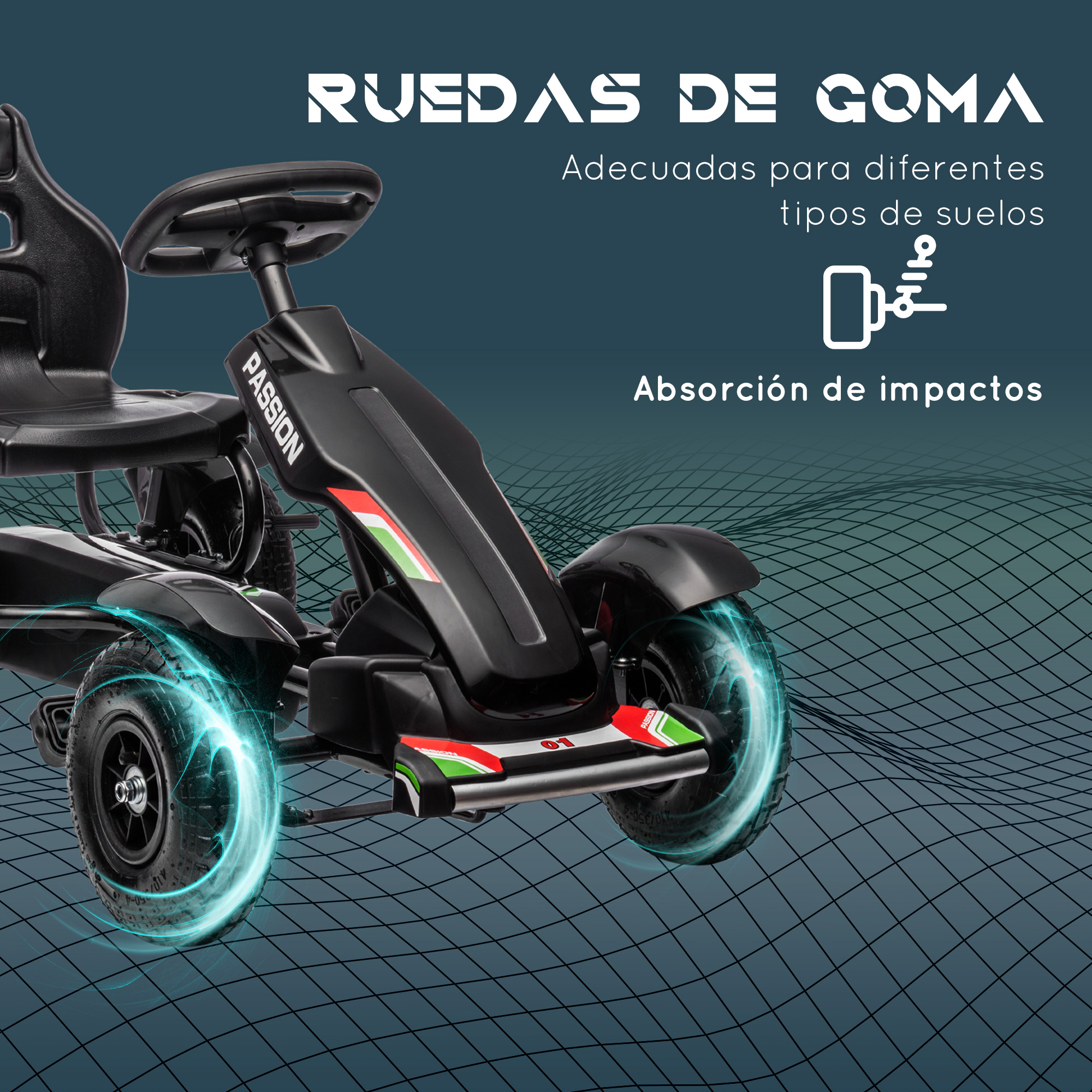 Un go-kart negro con asiento negro y ruedas brillantes azules.