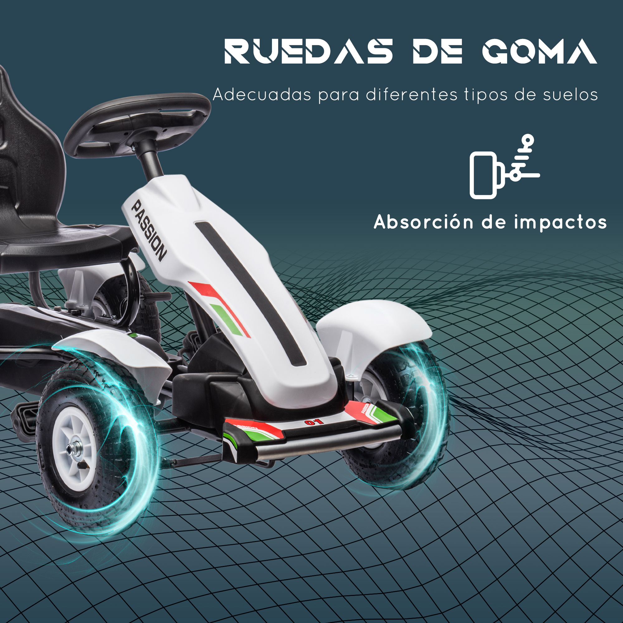 Un kart blanco y negro con efectos de luz azul y la palabra "PASSION".