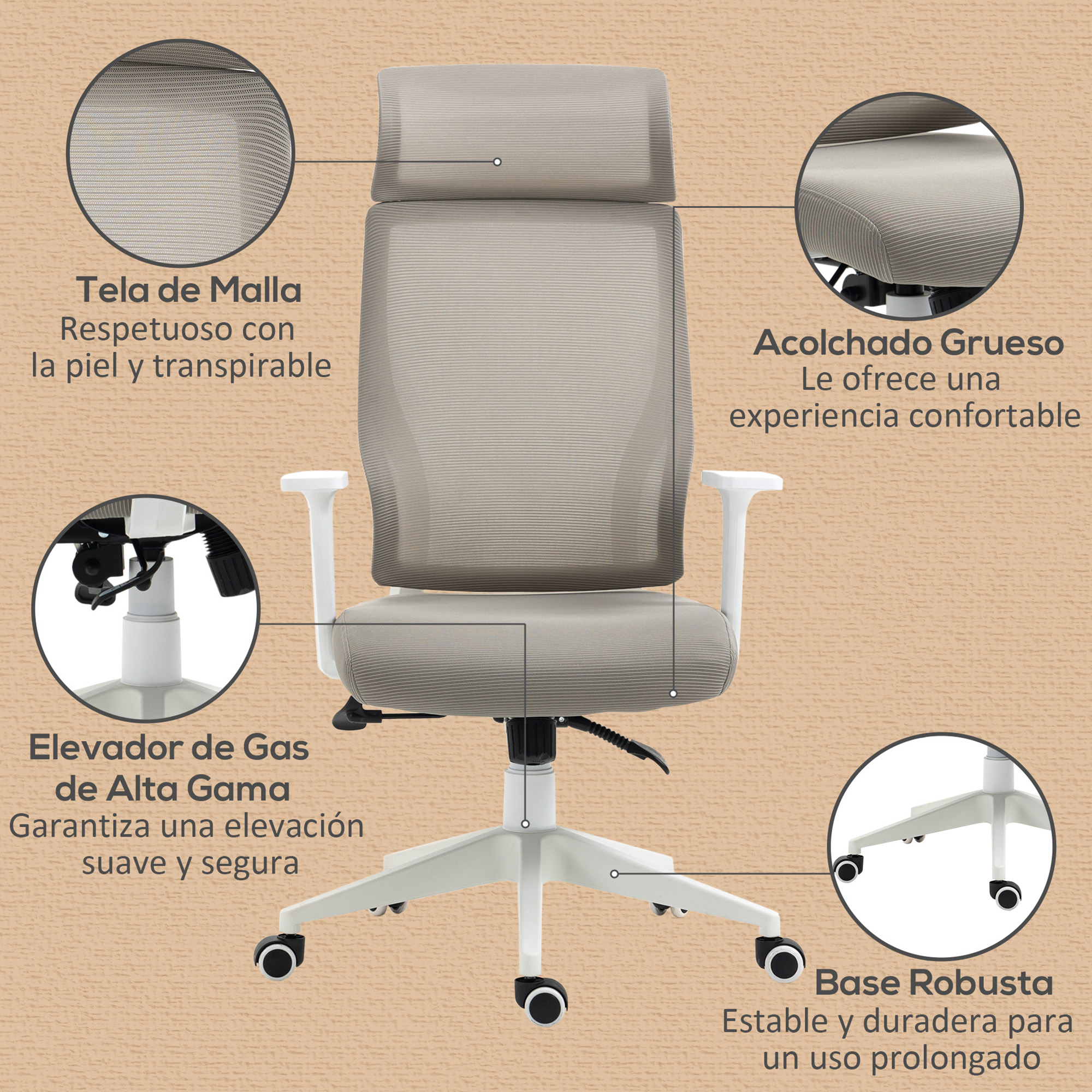 Silla de oficina beige con respaldo de malla, brazos y base blancos. Detalles etiquetados.